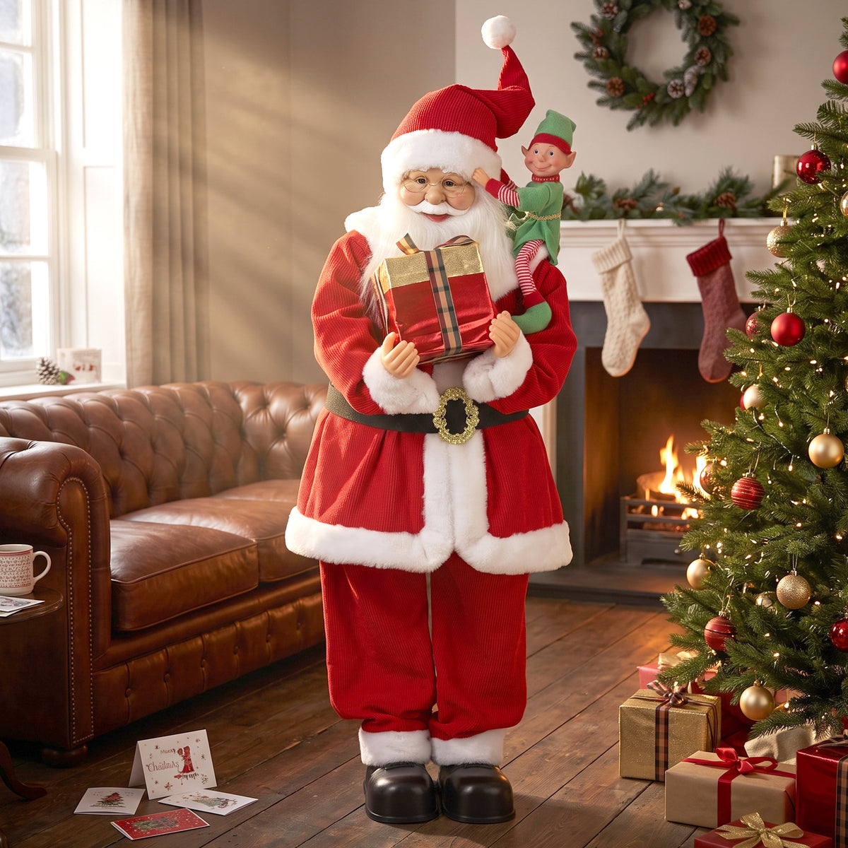 4ft Life Size Singing Dancing Santa Claus, 120 cm Standing Musical Animated Santa with Elf, Gift Box, Handcrafted, Sound Touch Activated, Moving Christmas Figure Decoration