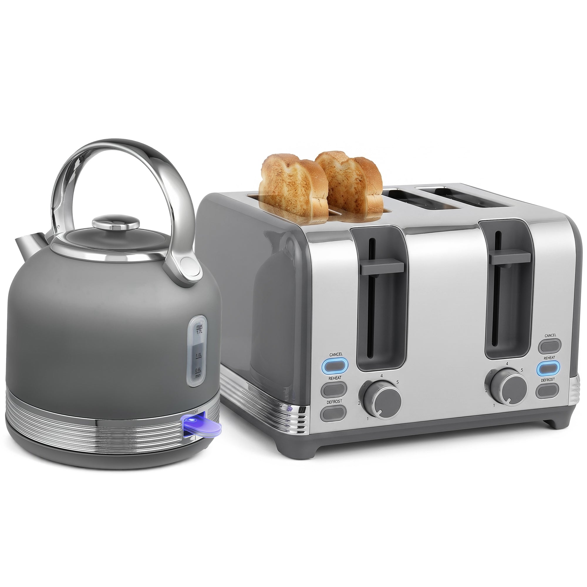 Stainless Steel Kettle and Toaster Set, 1.7L 3000W Cordless Fast Boil Kettle, 4 Slice Toaster Kitchen Set with 7 Level Browning Controls, Defrost, Reheat and Crumb Tray, Grey