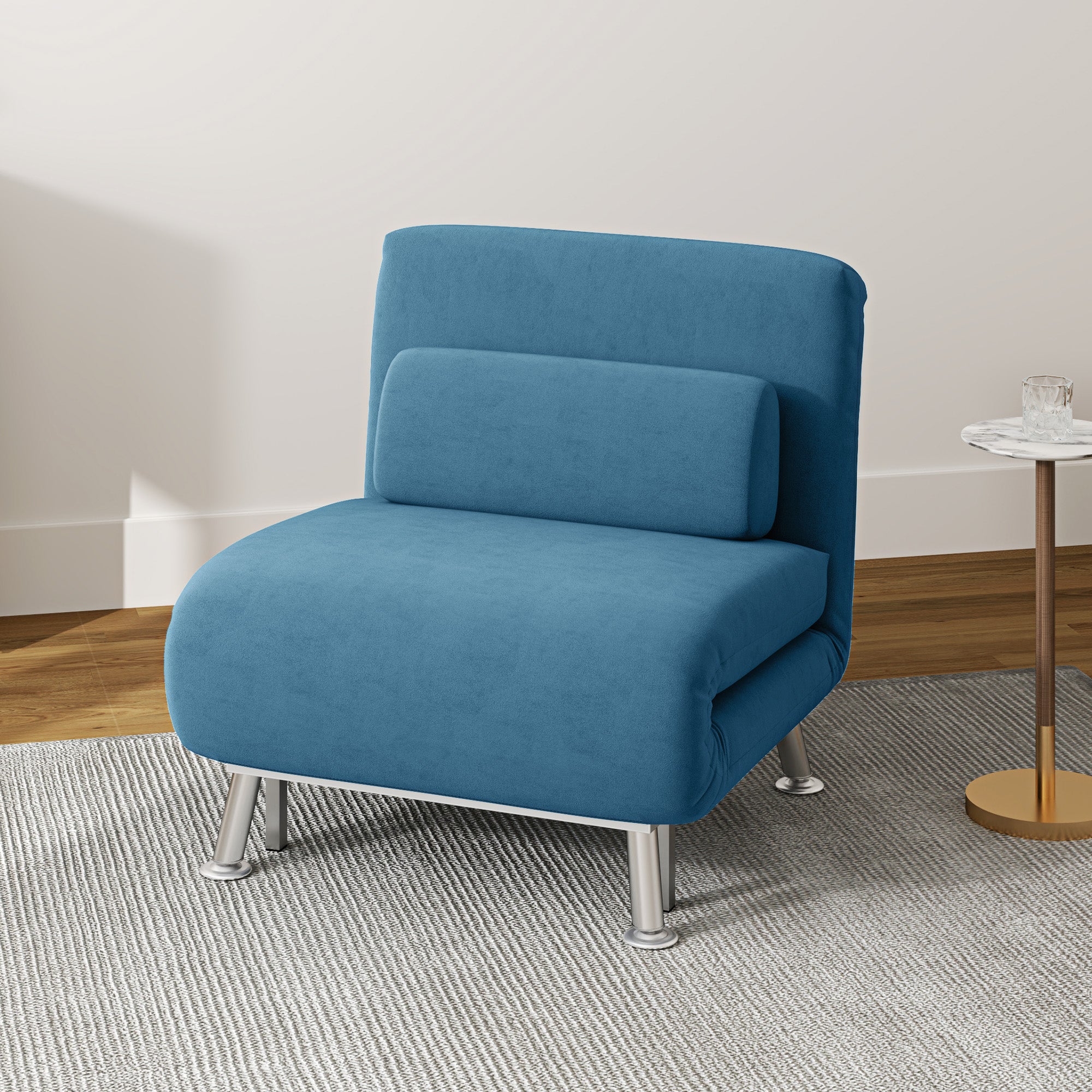 HOMCOM Velvet Single Chair Bed, 3-in-1 Convertible Sleeper Chair with Adjustable Backrest, Pillow, for Living Room, Bedroom, Blue