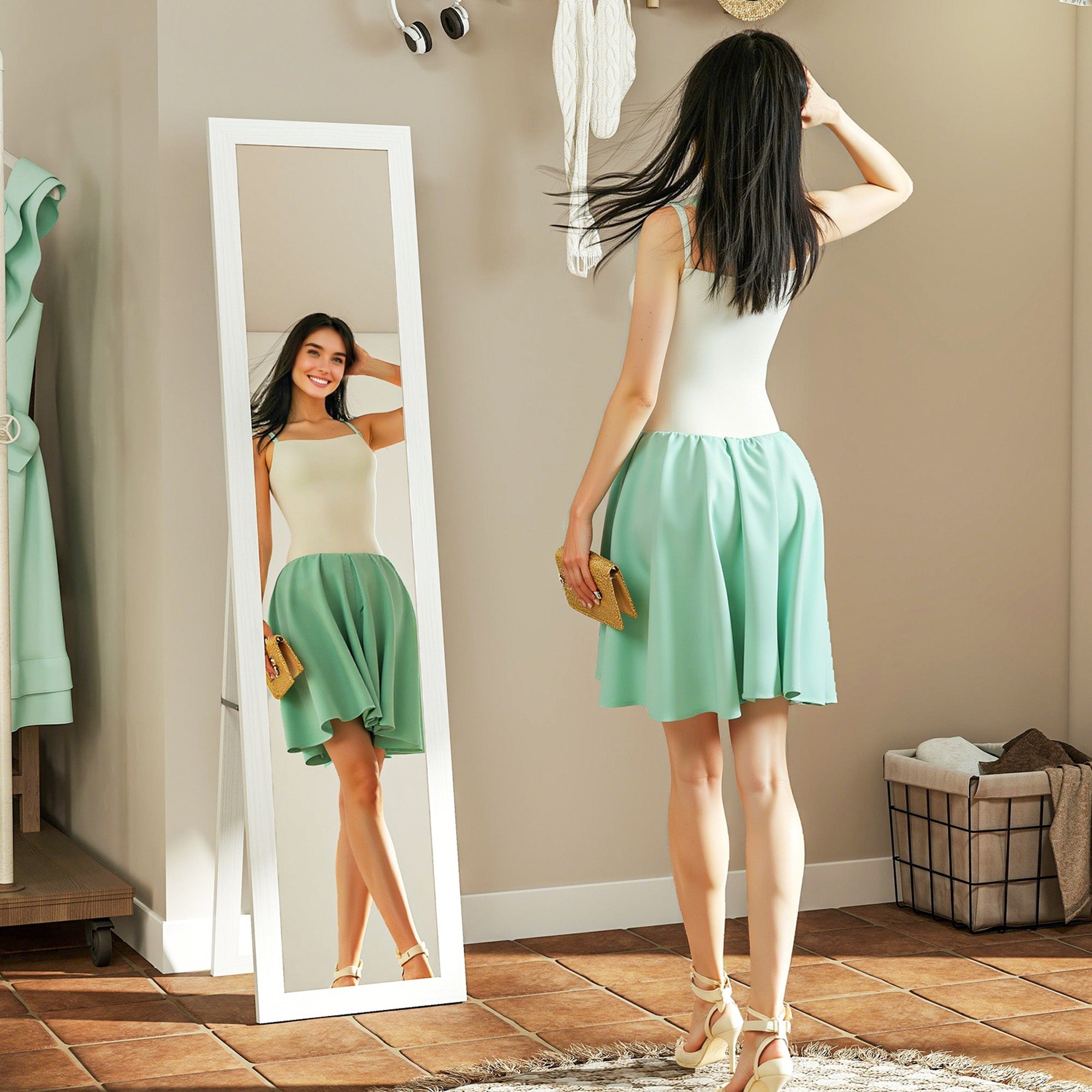 61" x 15" Full Length Mirror with Frame, Rectangular Full Body Mirror for Bedroom, Living Room, Standing Hanging or Leaning Against Wall, White