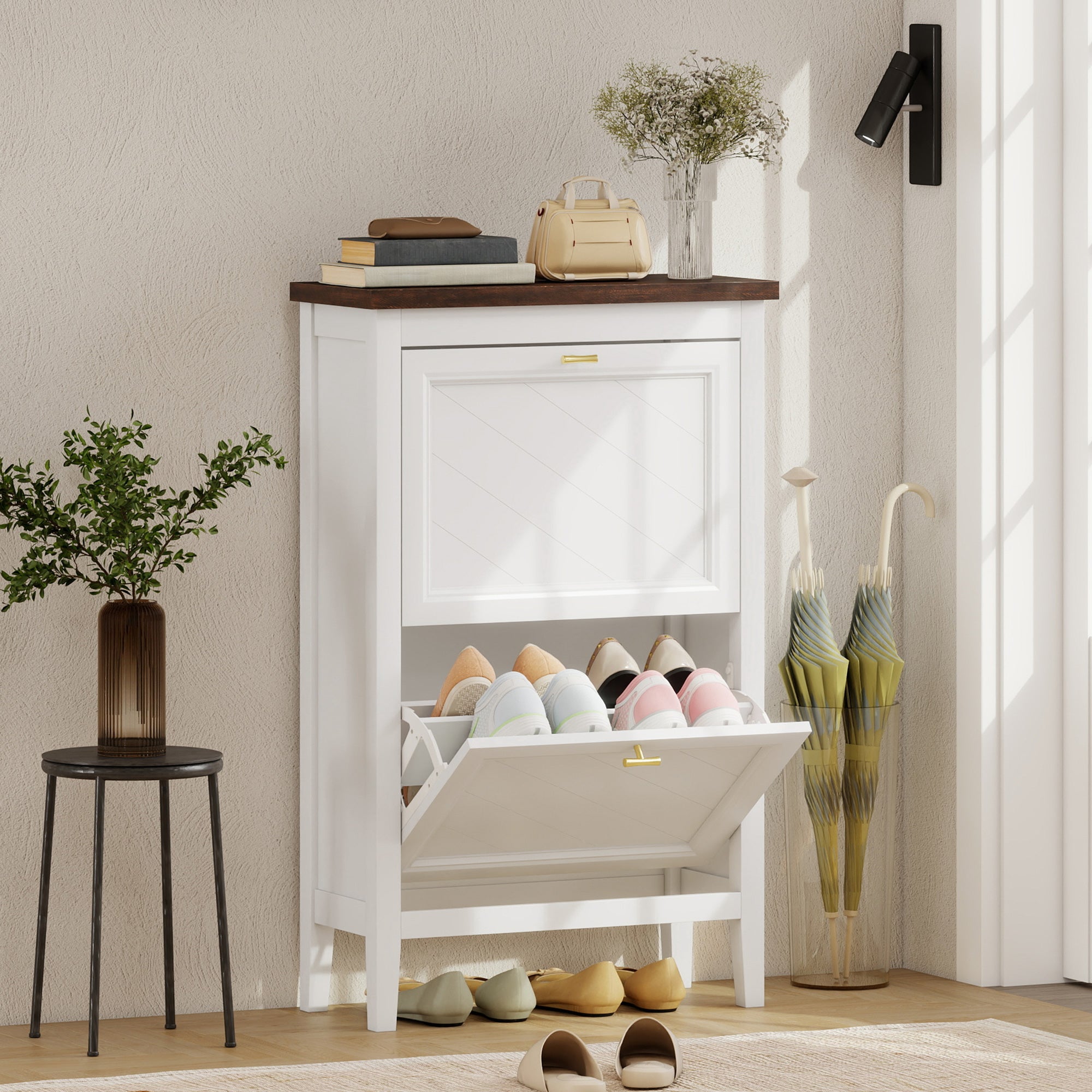 Shoe Cabinet with 2 Flip Drawers, Farmhouse Narrow Shoe Storage Cabinet with Adjustable Shelves, Freestanding for Entryway, Hallway, Living Room, Holds 8-12 Pairs, White