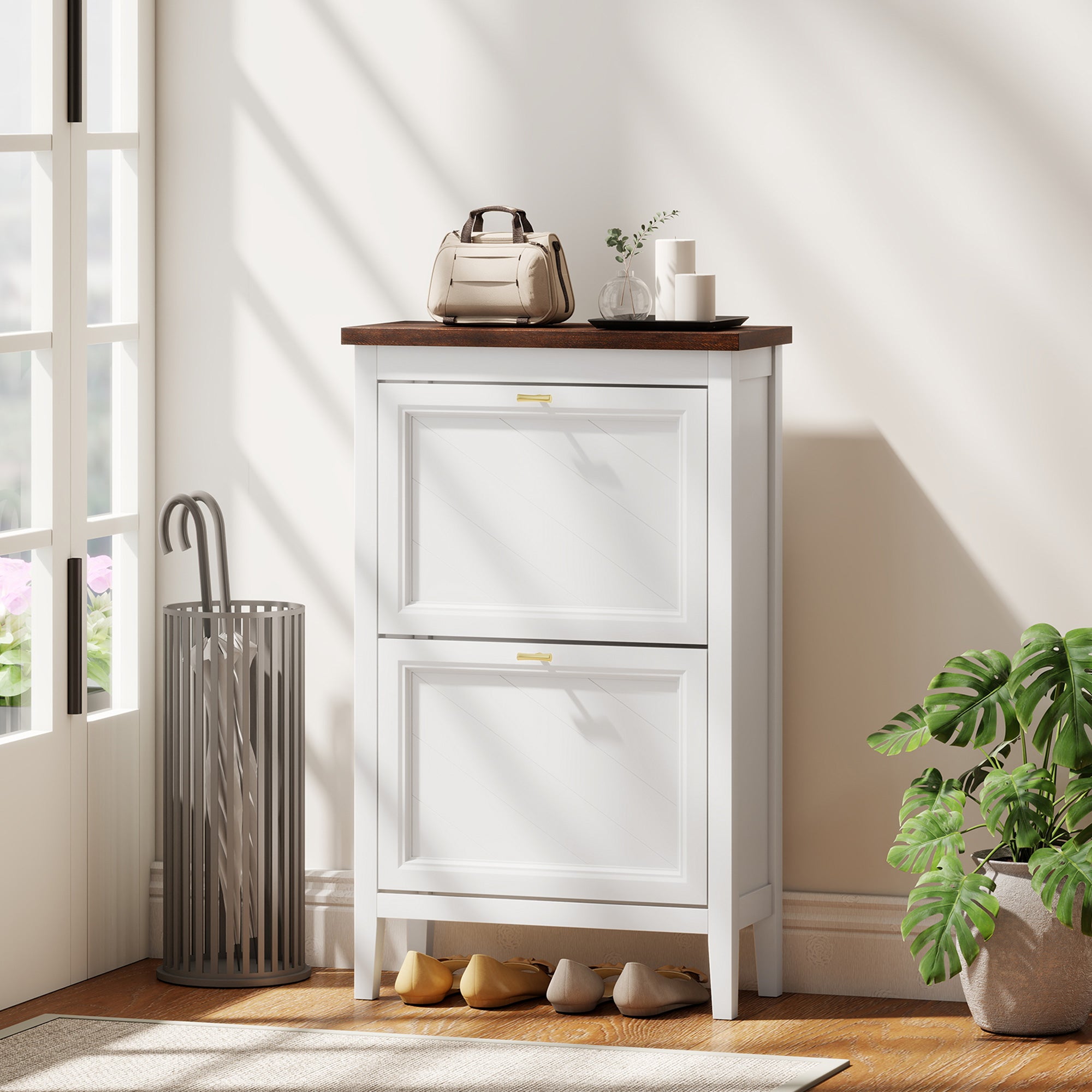 Shoe Cabinet with 2 Flip Drawers, Farmhouse Narrow Shoe Storage Cabinet with Adjustable Shelves, Freestanding for Entryway, Hallway, Living Room, Holds 8-12 Pairs, White