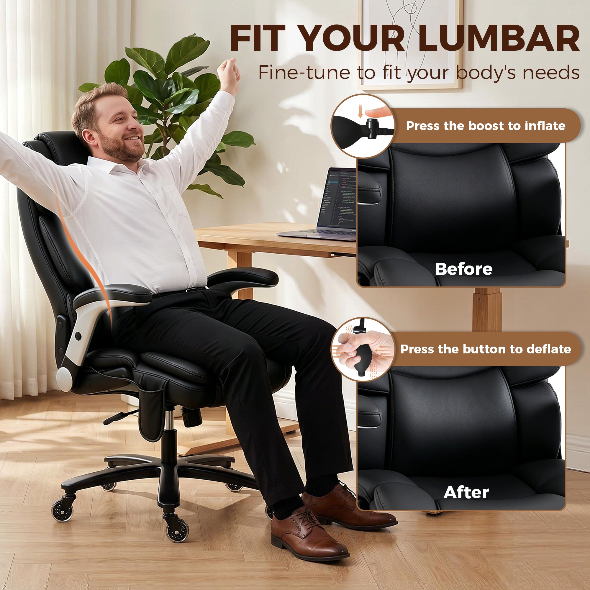 Heavy Duty Office Chair 400LBS with Airbag Lumbar Support, Pet-Friendly Fabric, Big and Tall Desk Chair with Flip-Up Armrests, Pocket Springs, Class 4 Gas Cylinder, Wide Seat, Black