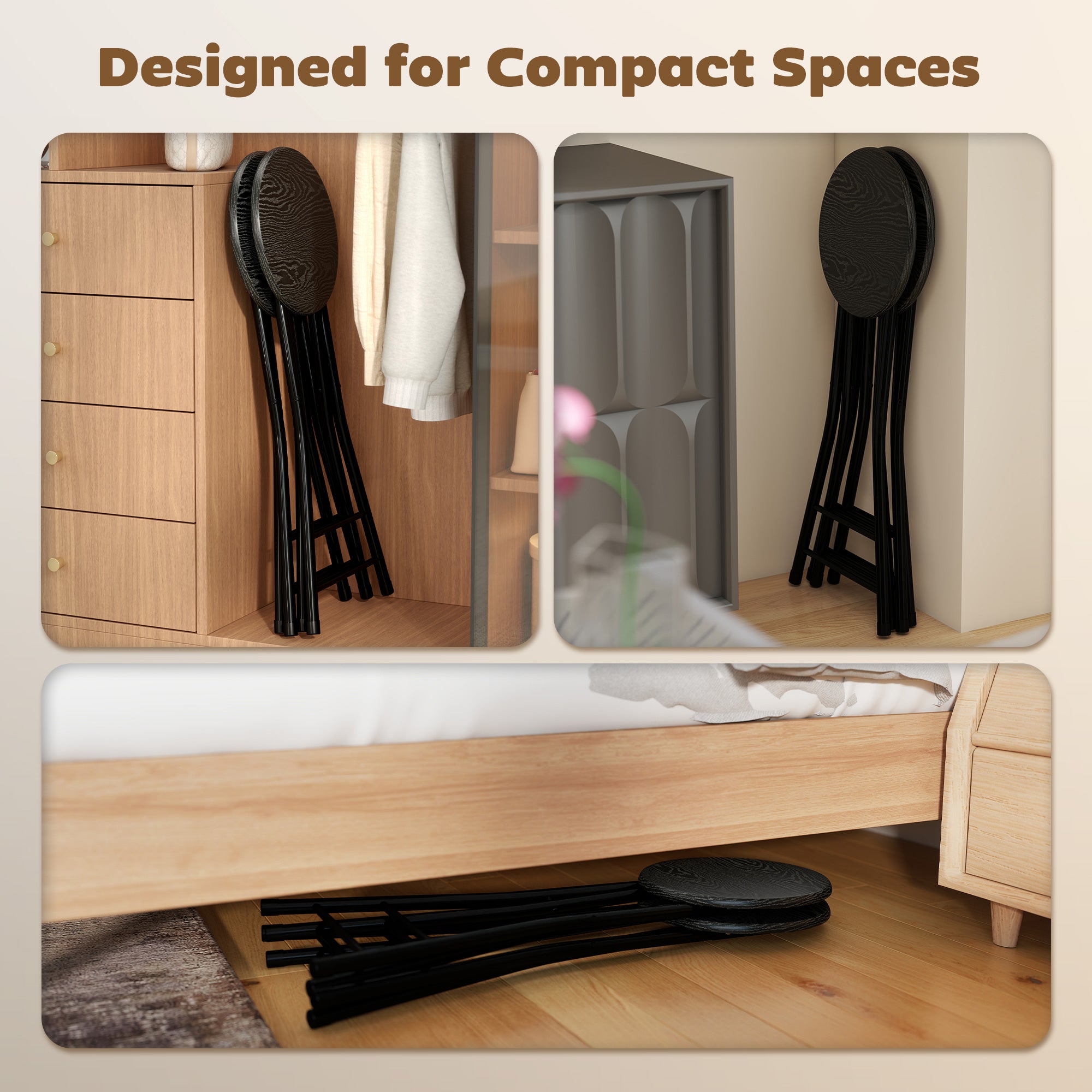 Foldable Bar Stools Set of 2, 24" Counter Height Round Bar Chairs with Double Footrest, Folding Barstools for Kitchen Island, Black