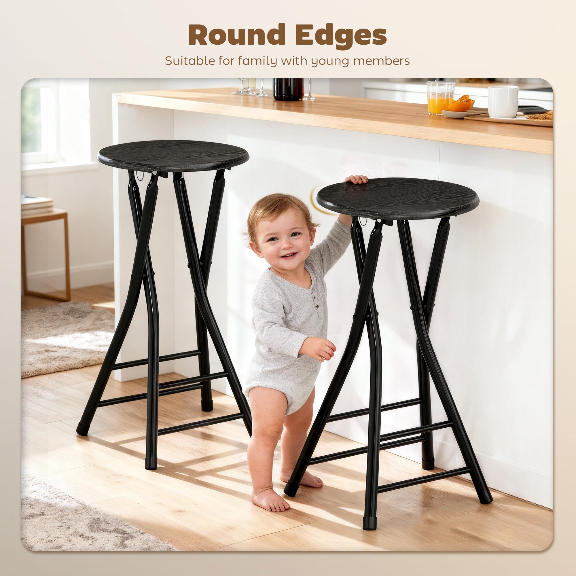 Foldable Bar Stools Set of 2, 24" Counter Height Round Bar Chairs with Double Footrest, Folding Barstools for Kitchen Island, Black