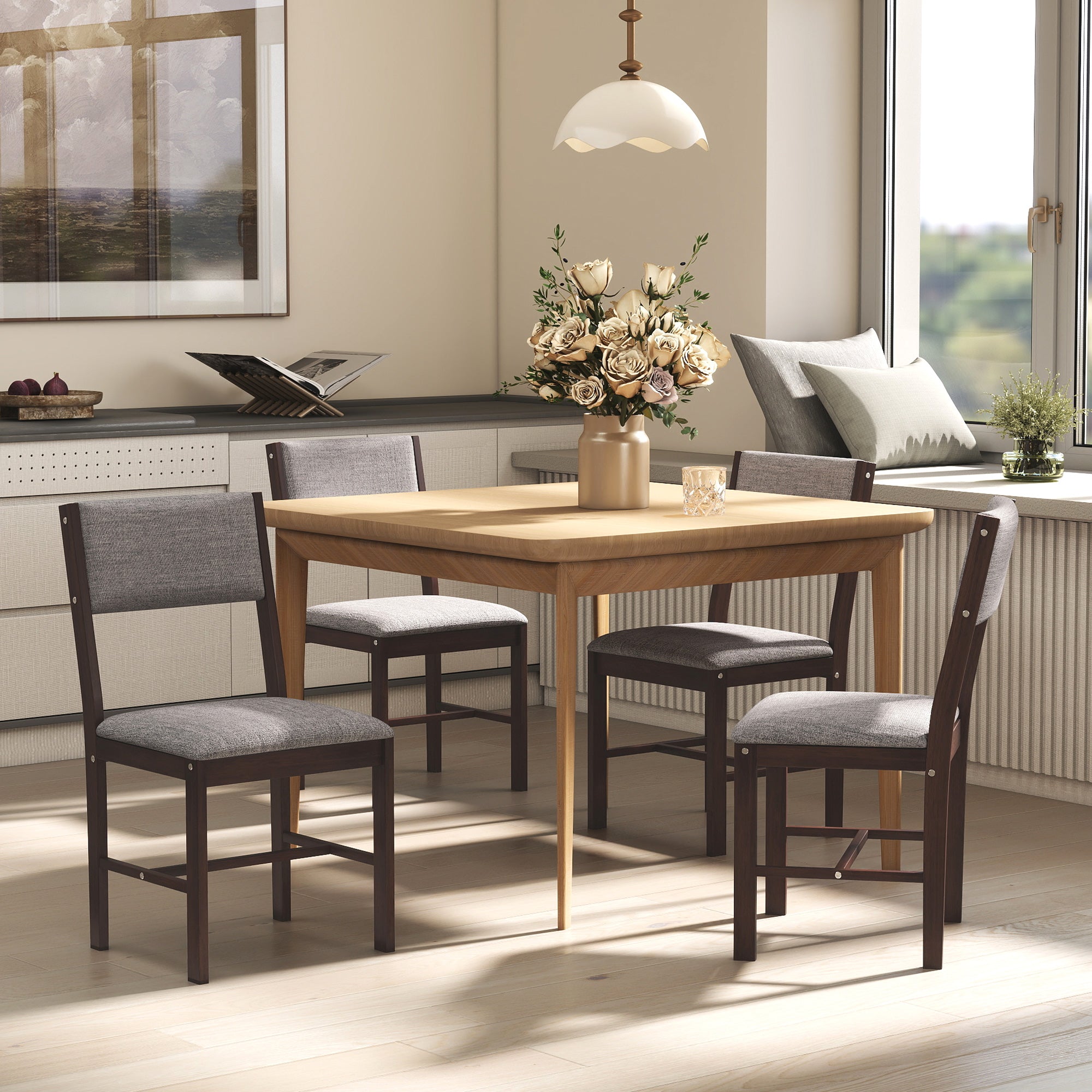Modern Dining Chairs Set of 4, Linen Fabric Upholstered Kitchen Chairs with Rubberwood Legs for Dining Room, Living Room, Walnut and Gray