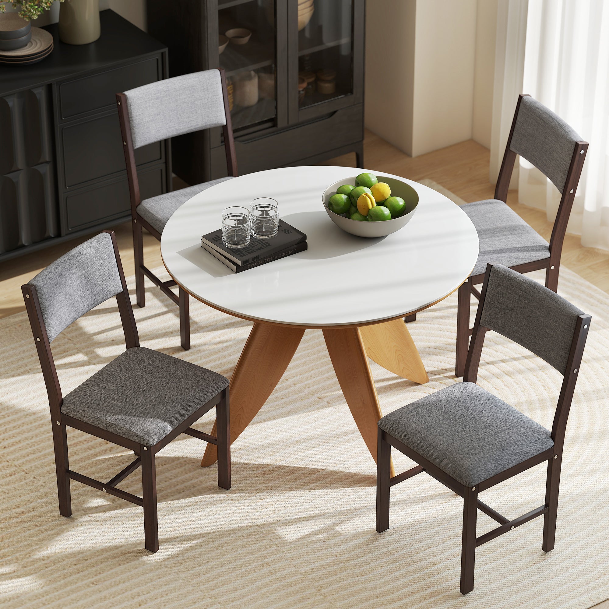 Modern Dining Chairs Set of 4, Linen Fabric Upholstered Kitchen Chairs with Rubberwood Legs for Dining Room, Living Room, Walnut and Gray