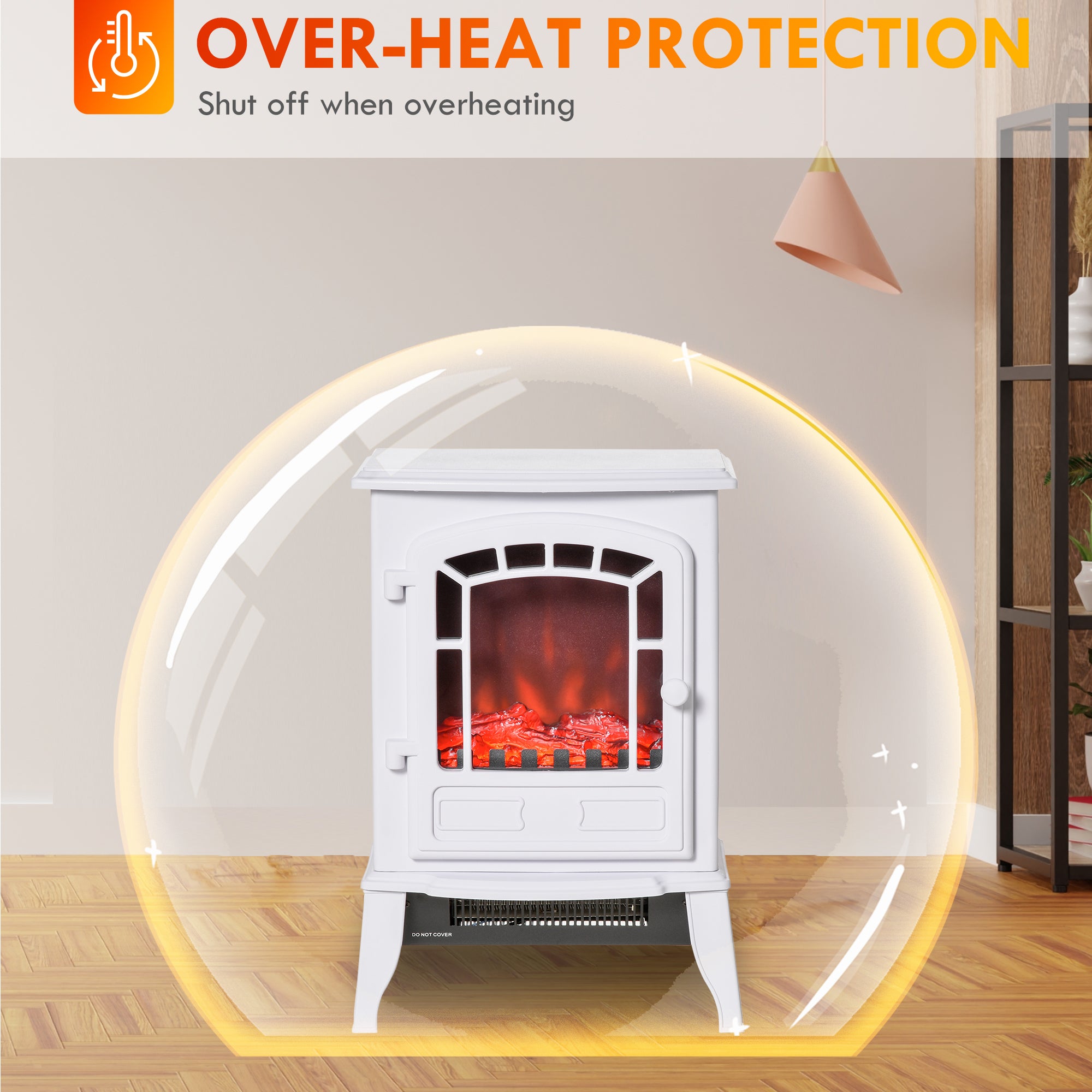 Electric Fireplace Heater Freestanding Stove with Realistic Flame Effect Overheat Protection 750W/1500W White