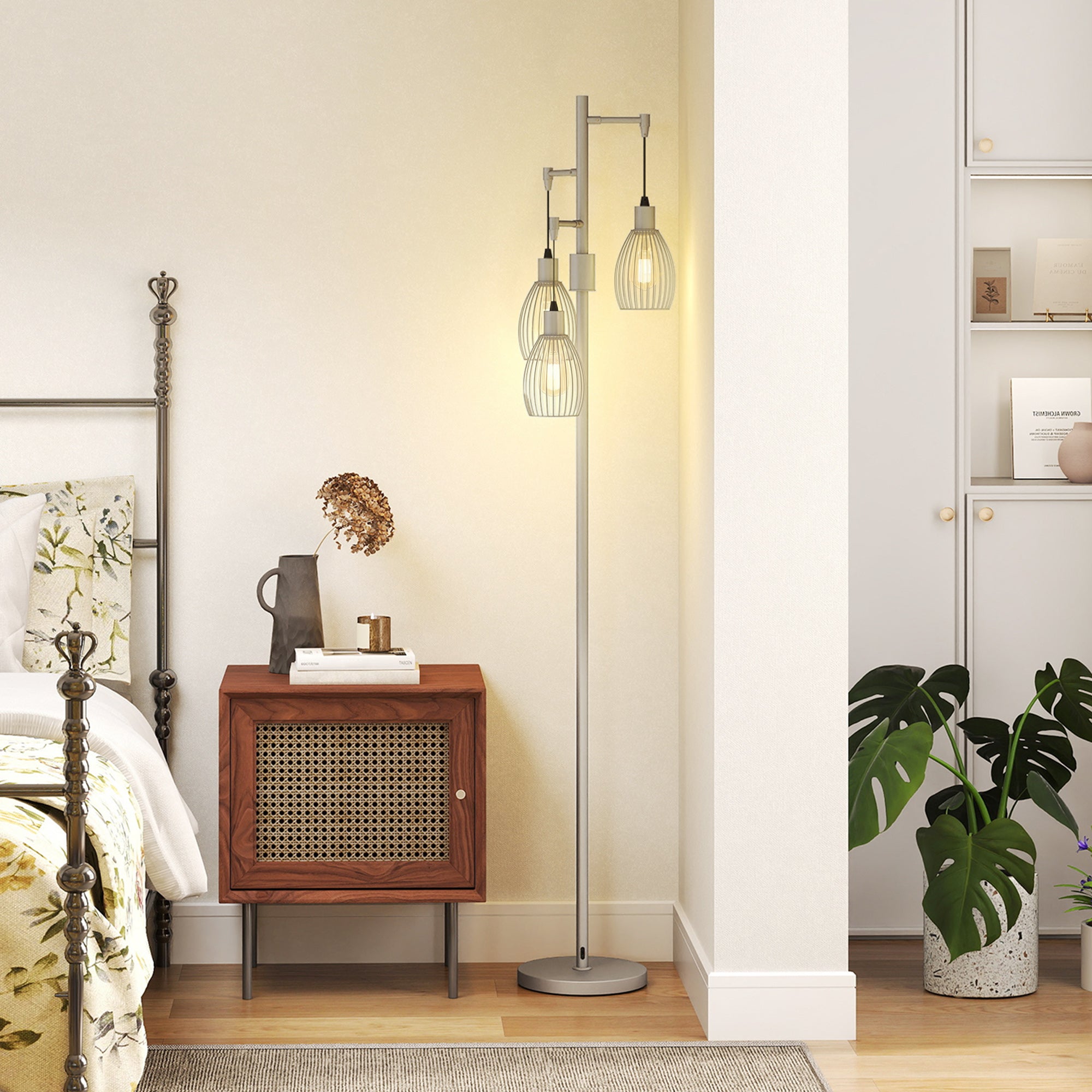 3-Light LED Floor Lamp, 170cm Industrial Dimmable Standing Lamp with Steel Wire Cage Lampshades, 2700K for Living Room, Bedroom, Dining Room, Study, Silver Tone