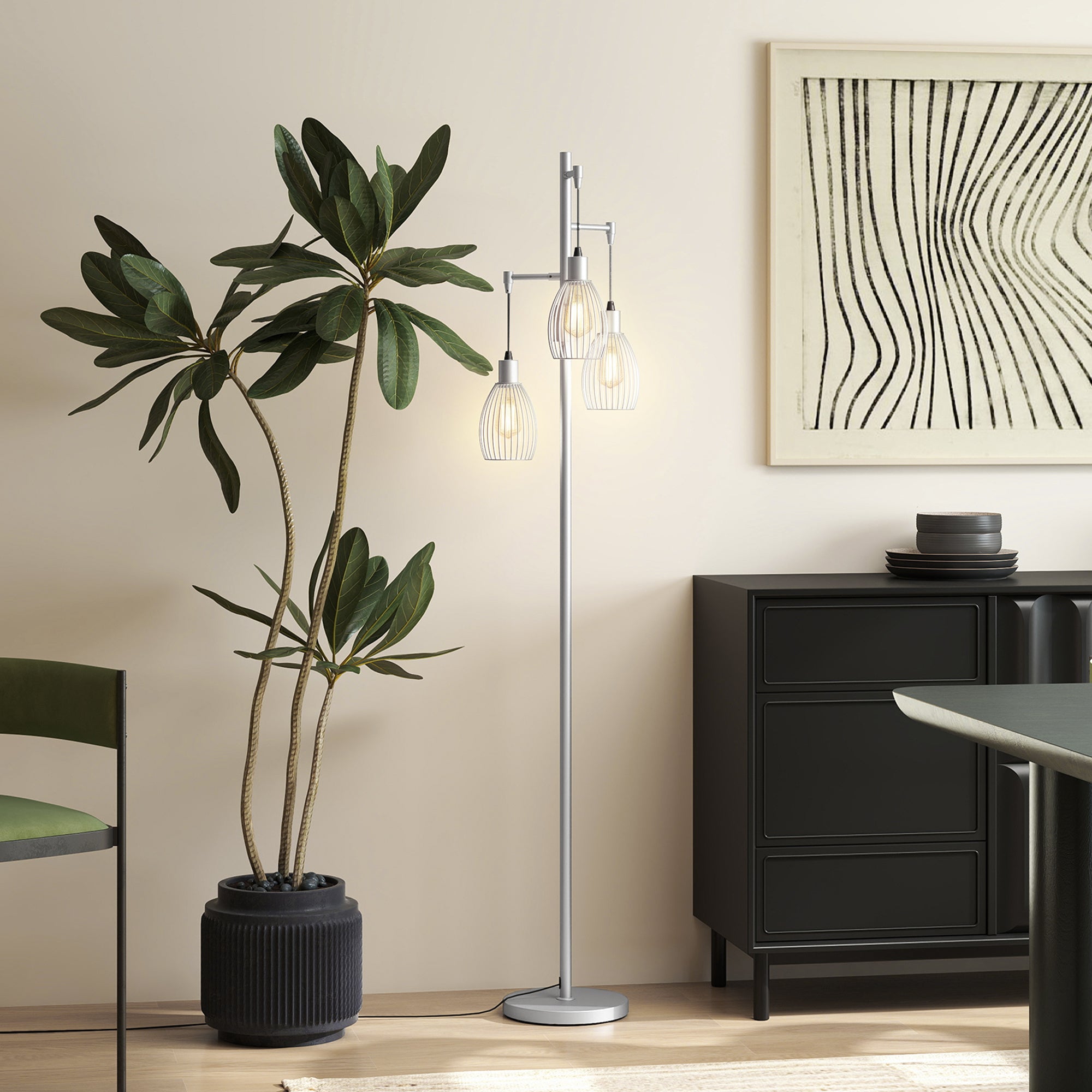 3-Light LED Floor Lamp, 170cm Industrial Dimmable Standing Lamp with Steel Wire Cage Lampshades, 2700K for Living Room, Bedroom, Dining Room, Study, Silver Tone