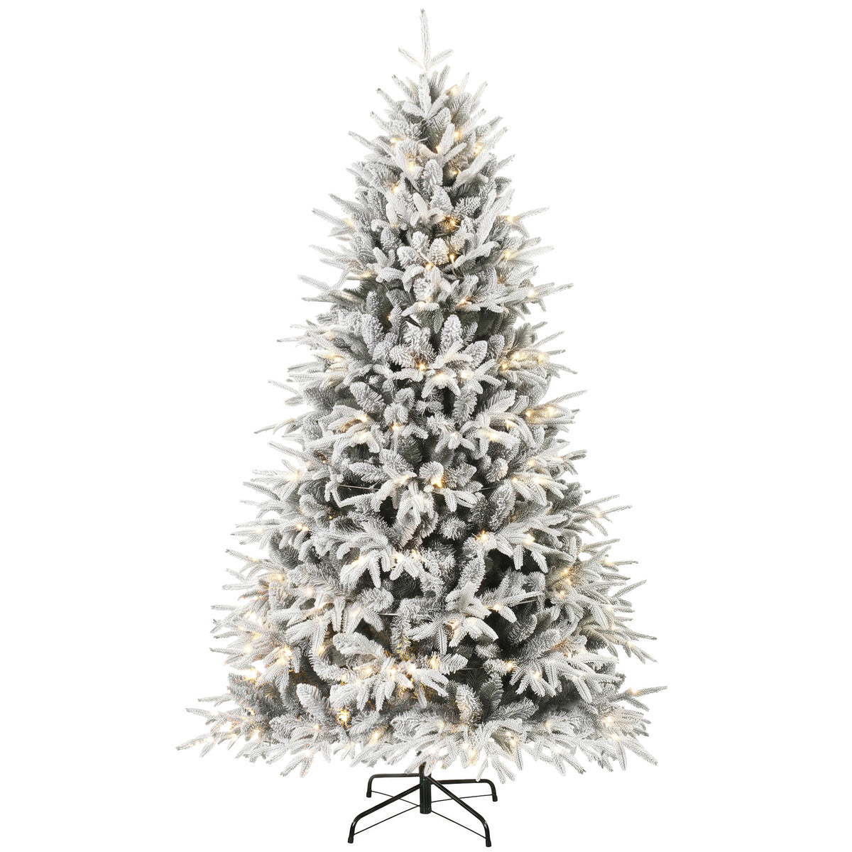 6ft Flocked Prelit Christmas Tree, Hinged Xmas Tree with 2015 Tips, 260 Warm White LED Lights, Foldable Metal Base, Full Snowy Appearance for Indoor Holiday Decor, Green White