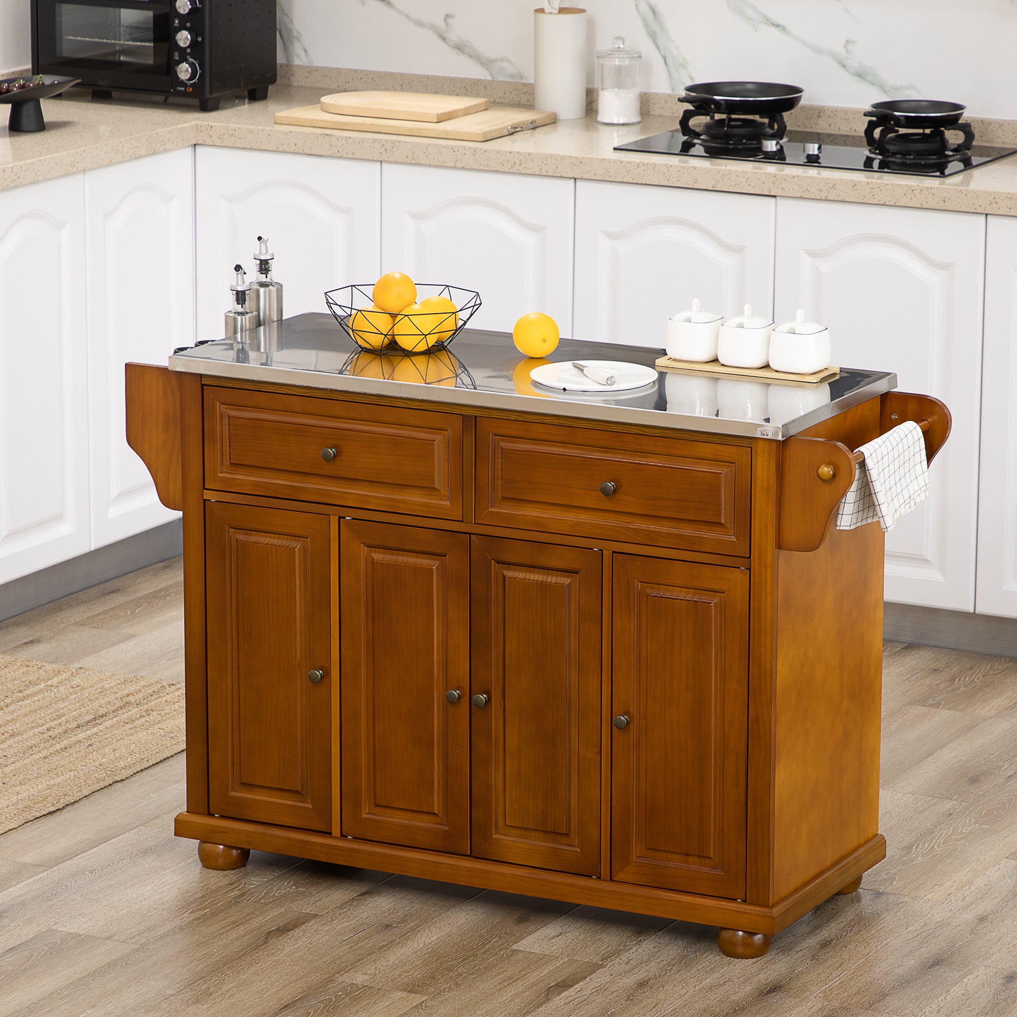 Kitchen Island Table with Stainless Steel Top 2 Drawers 3 Cabinets Spice and Towel Rack Red Brown