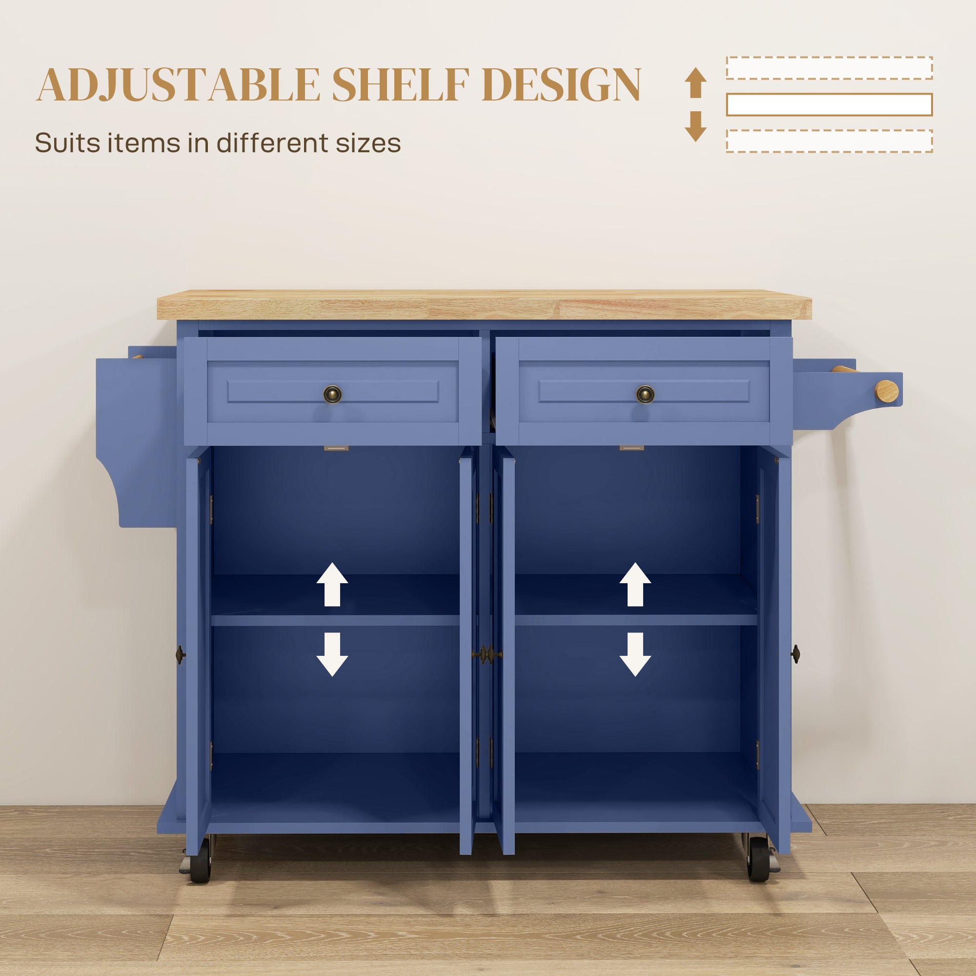 HOMCOM Kitchen Island on Wheels, Rolling Cart with Rubber wood Top, Spice Rack, Towel Rack and Drawers, Navy Blue