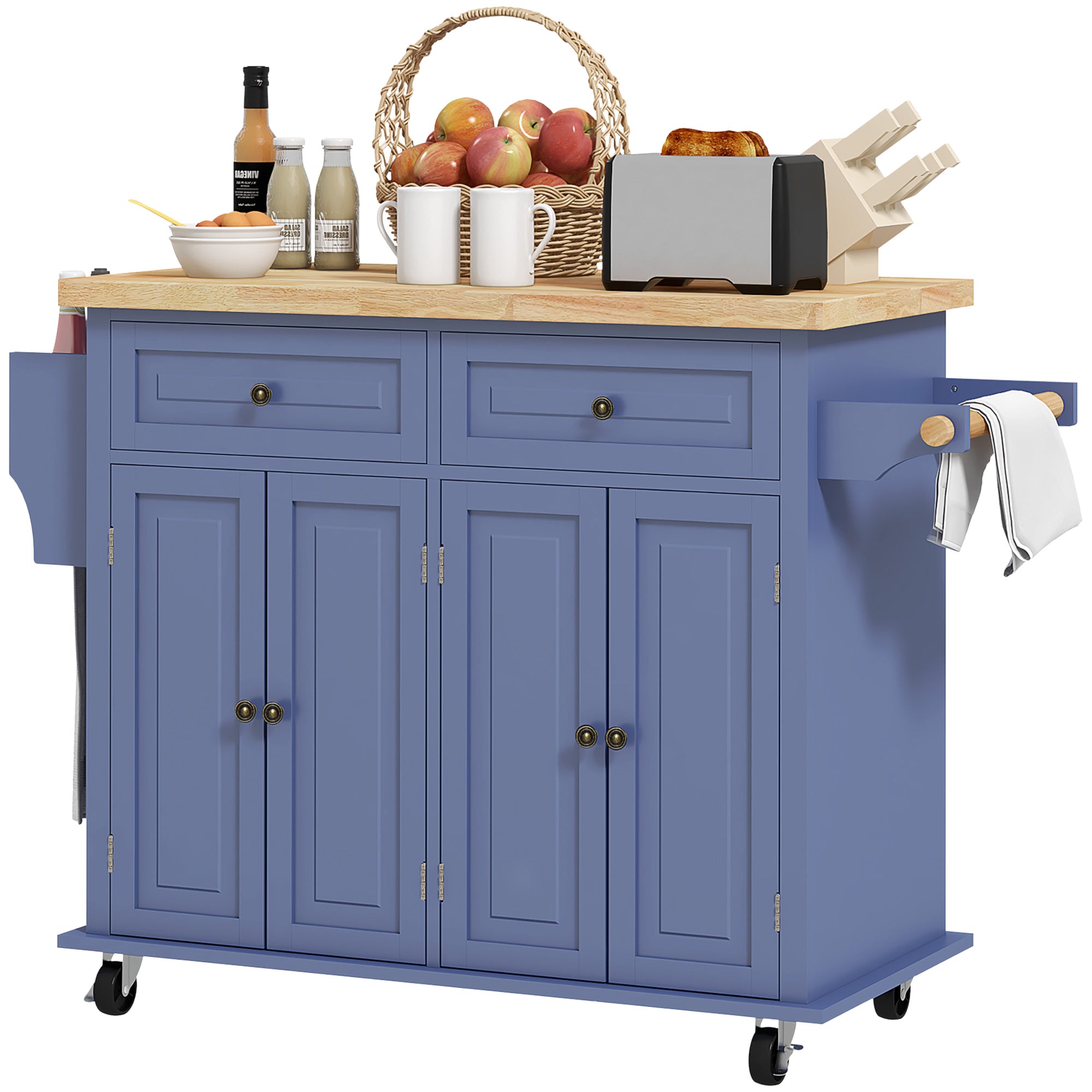 Kitchen Island on Wheels Rolling Cart with Rubberwood Top Spice Rack Towel Rack and Drawers Navy Blue