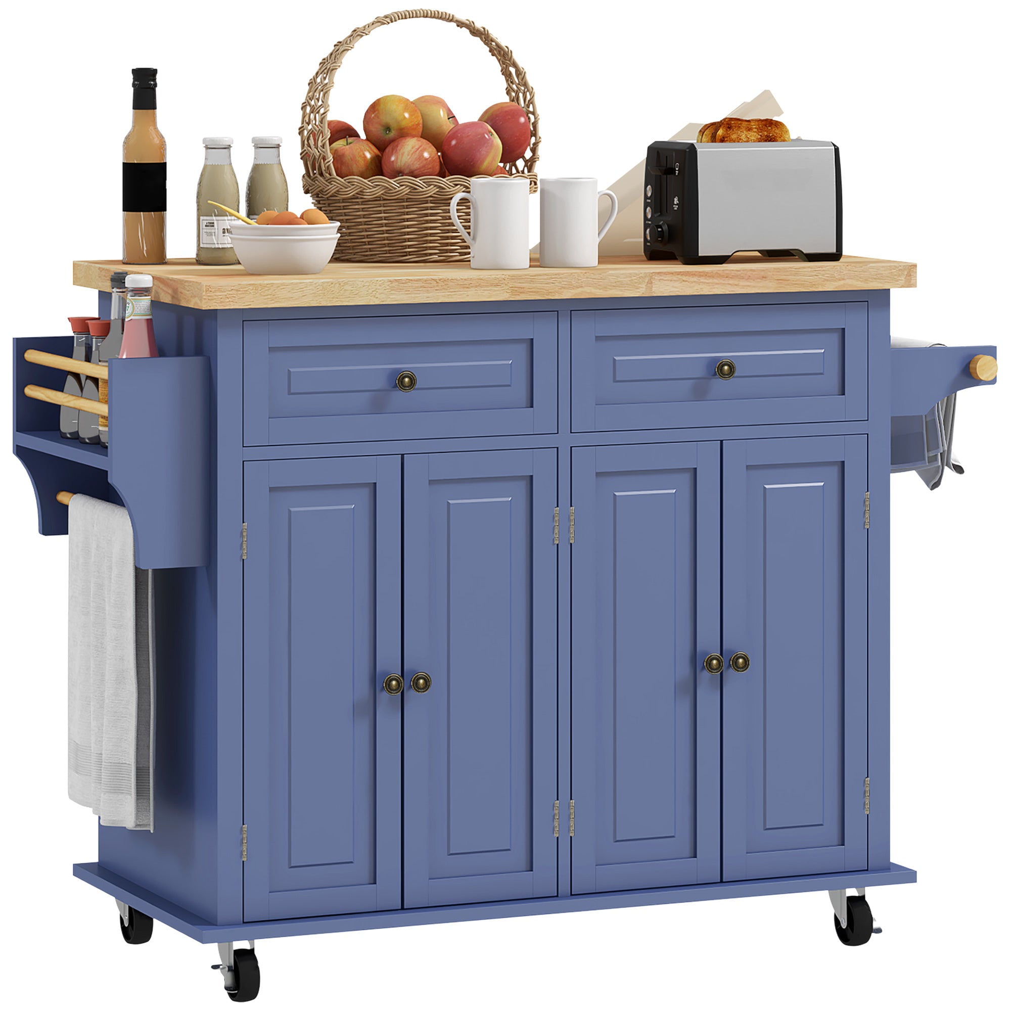 HOMCOM Kitchen Island on Wheels, Rolling Cart with Rubber wood Top, Spice Rack, Towel Rack and Drawers, Navy Blue