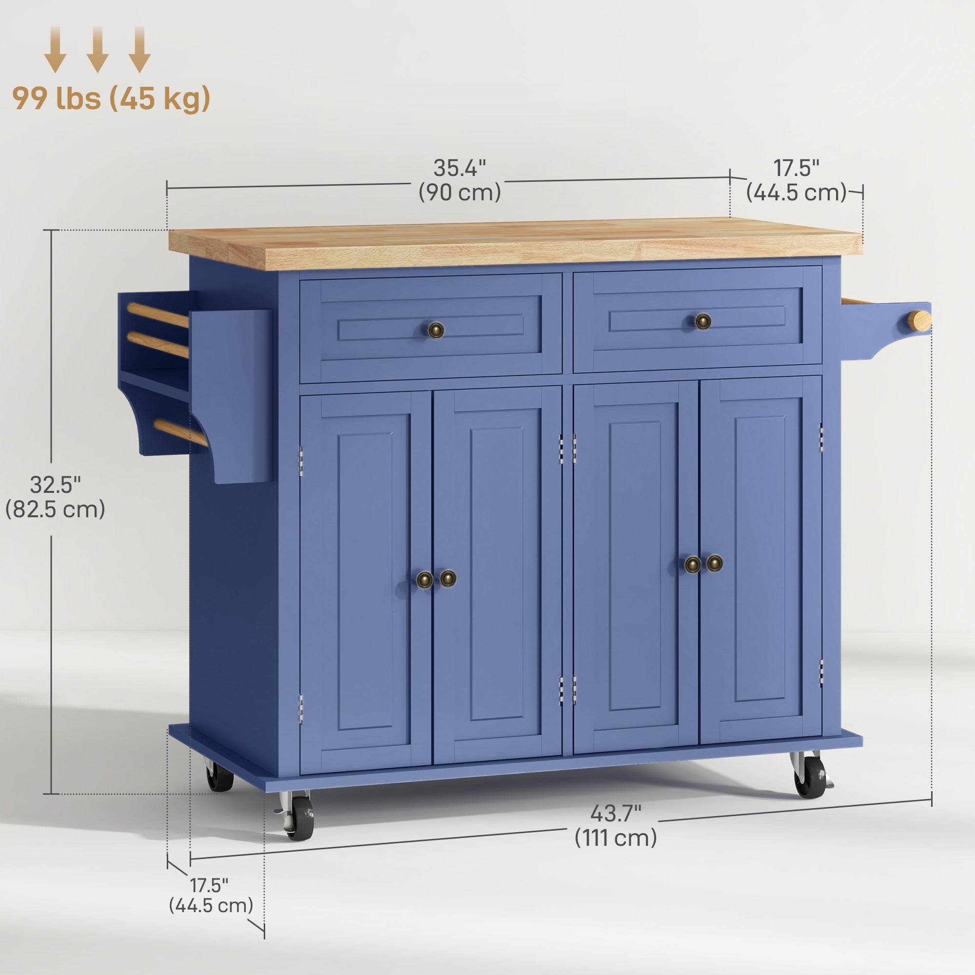 HOMCOM Kitchen Island on Wheels, Rolling Cart with Rubber wood Top, Spice Rack, Towel Rack and Drawers, Navy Blue