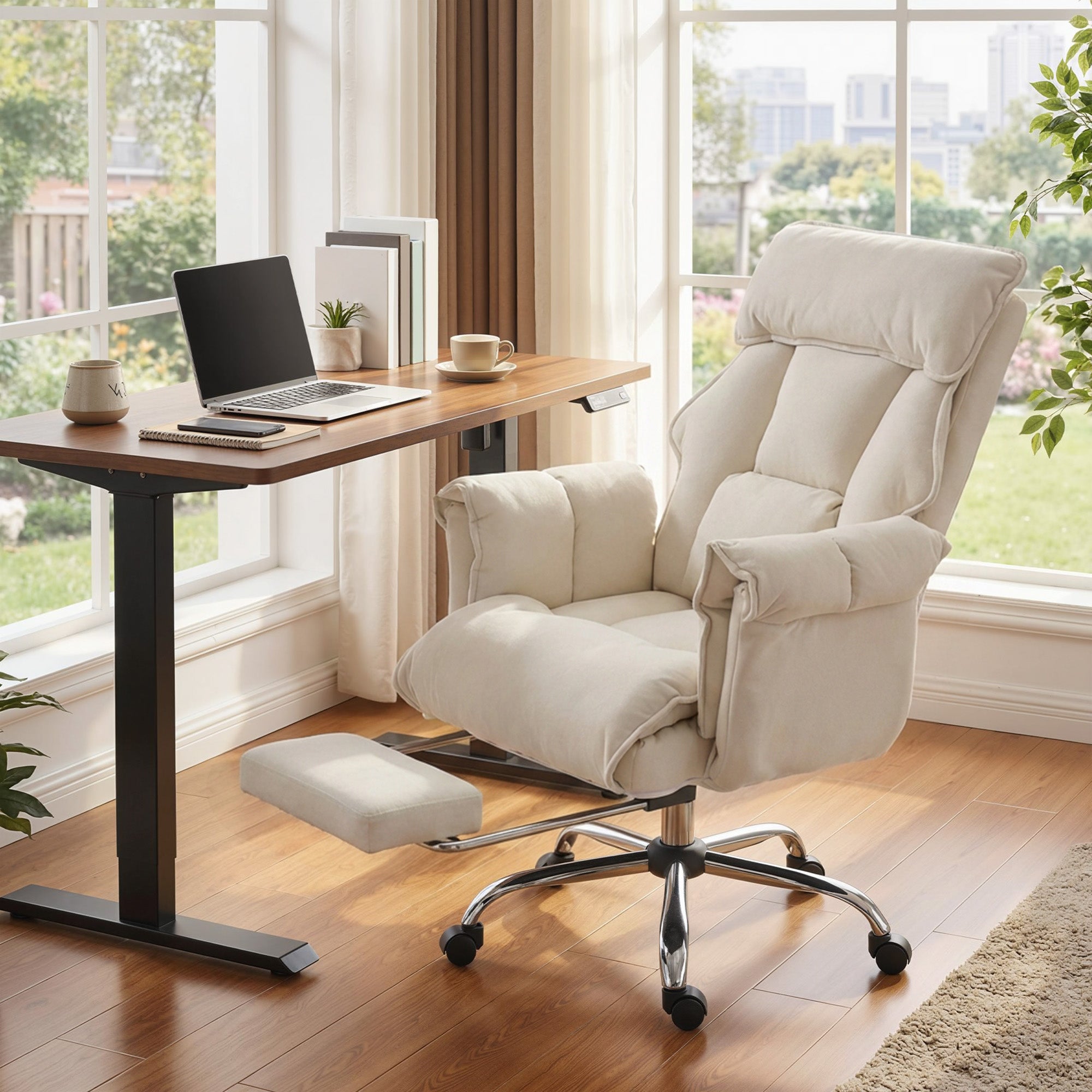 Executive Office Chair with Footrest, Reclining Swivel Computer Desk Chair with High Back, Double-layer Padding, Headrest, Adjustable Height, Rolling Wheels, Cream White