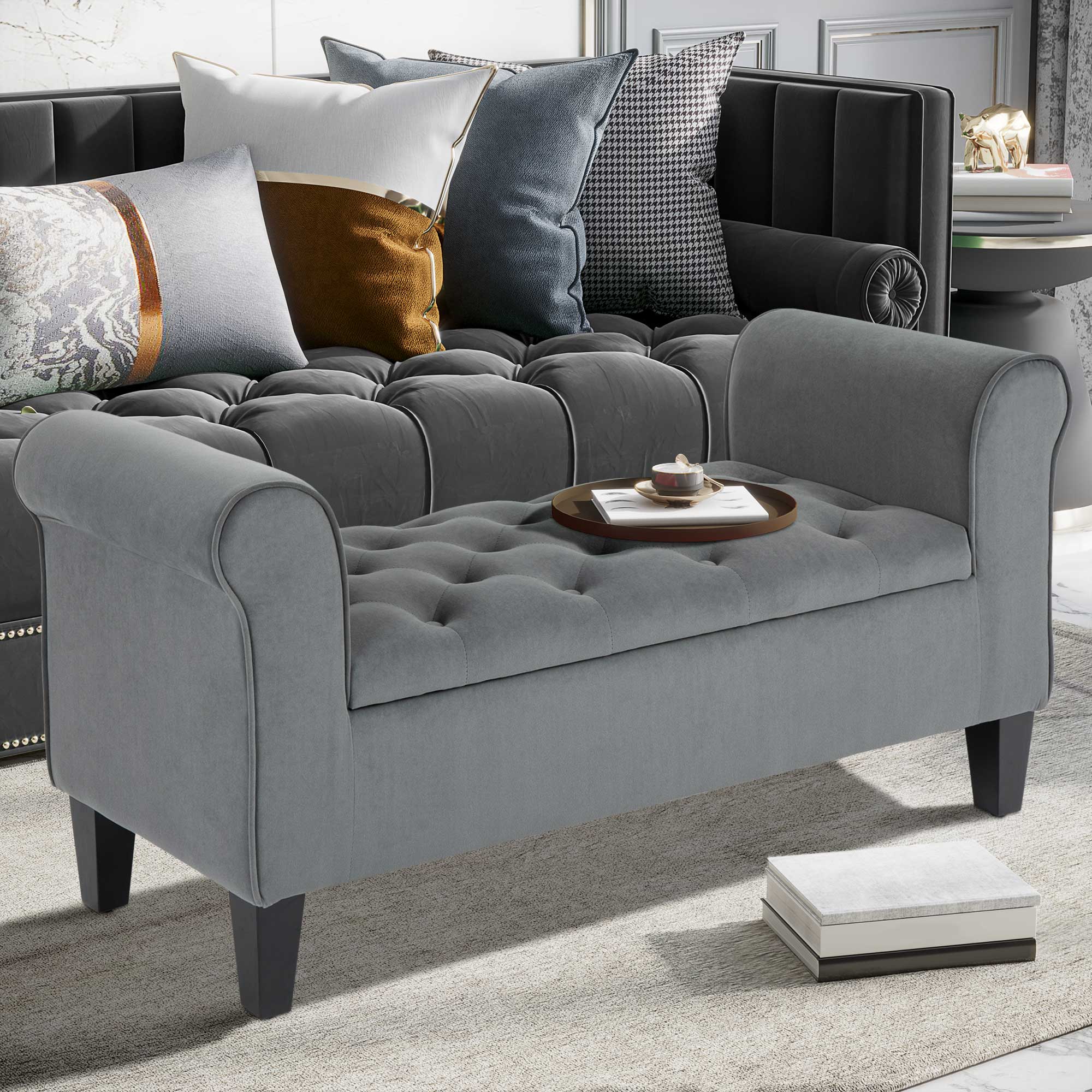 Button Tufted Storage Ottoman Bench Upholstered Bench with Rolled Armrests for Living Room Gray