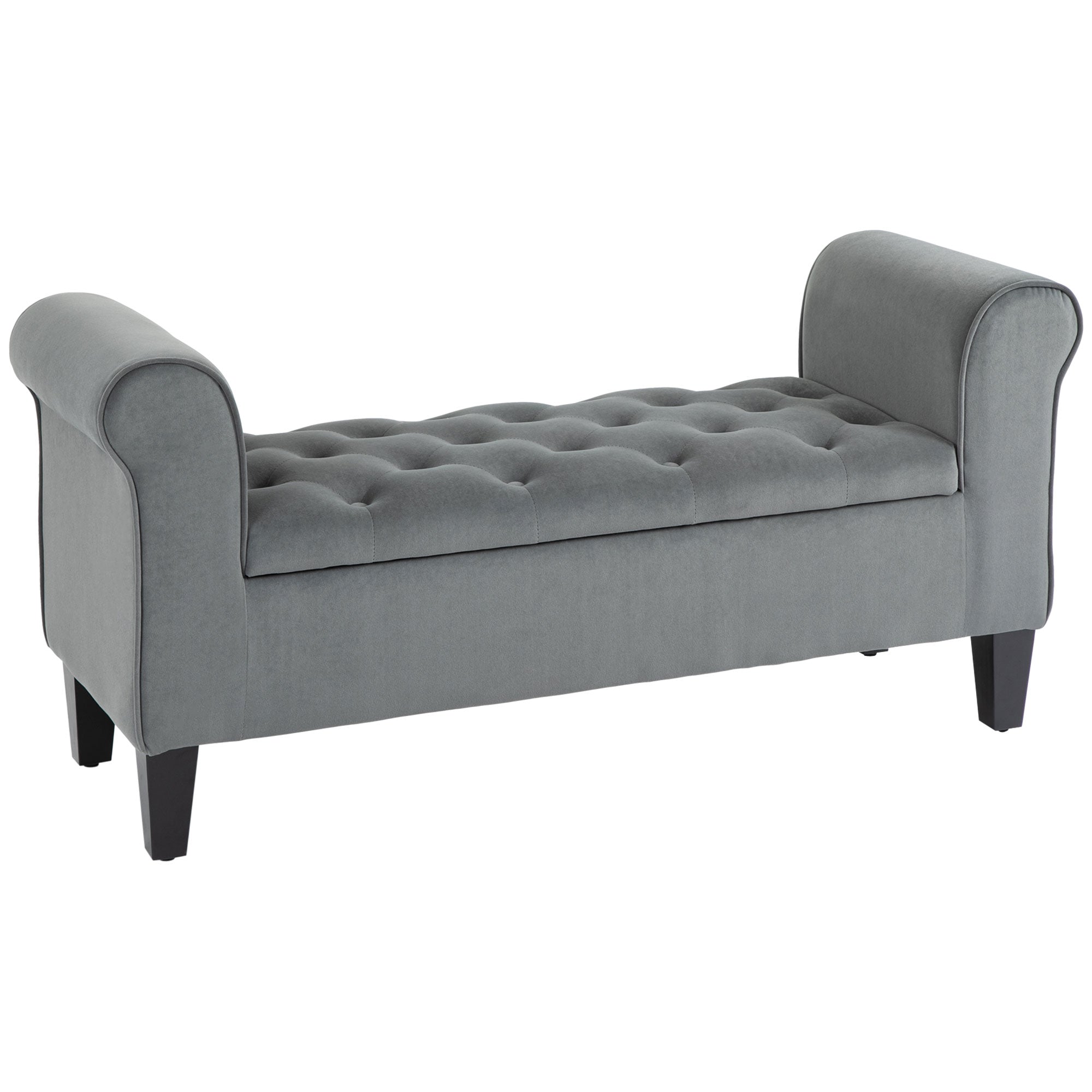 Button Tufted Storage Ottoman Bench Upholstered Bench with Rolled Armrests for Living Room Gray