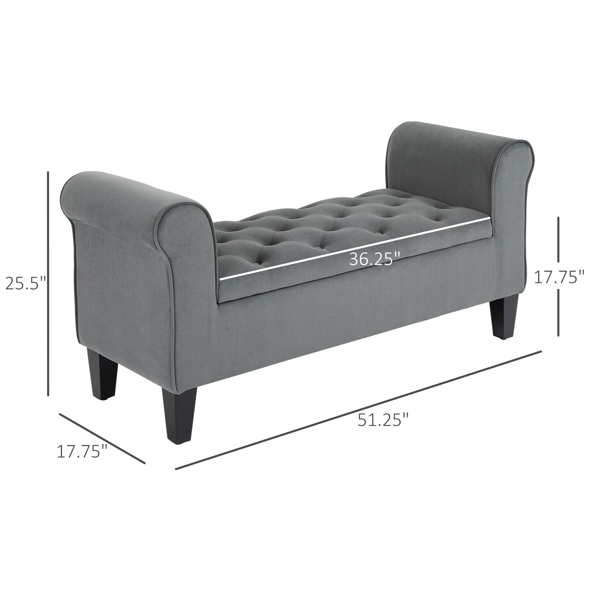 Button Tufted Storage Ottoman Bench Upholstered Bench with Rolled Armrests for Living Room Gray