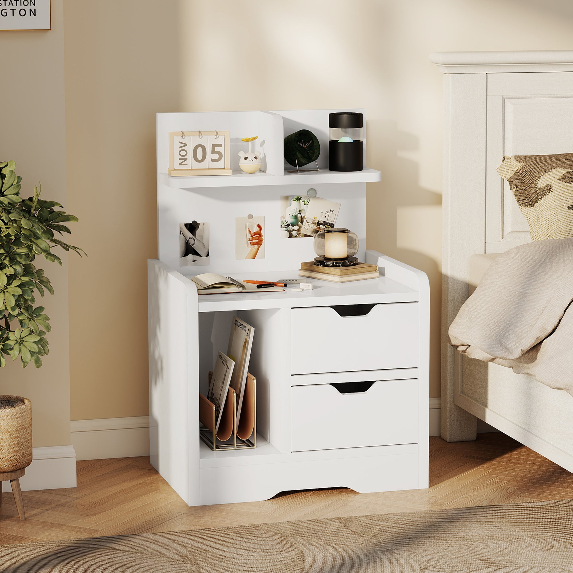 Bedside Table, Small Bedside Cabinet with 2 Drawers and Storage Shelves, Modern Nightstand for Bedroom, High Gloss White