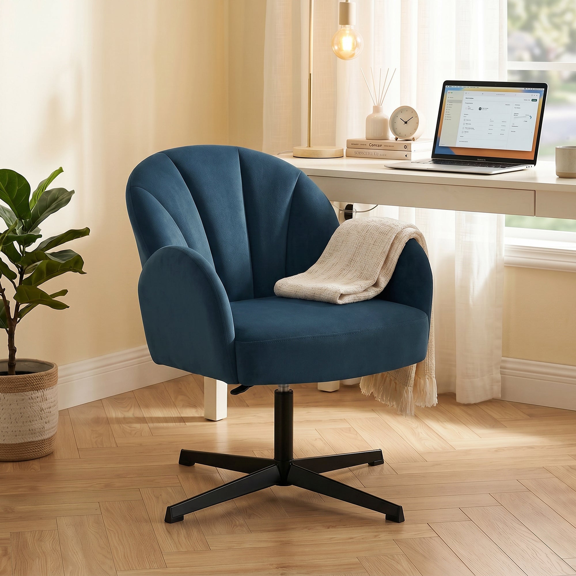 Swivel Accent Chair, Velvet-Feel Fabric Shell-Shaped Armchair with Spring Cushion, Metal Base, Modern Reading Chair for Living Room, Bedroom, Study, Makeup, Dark Blue