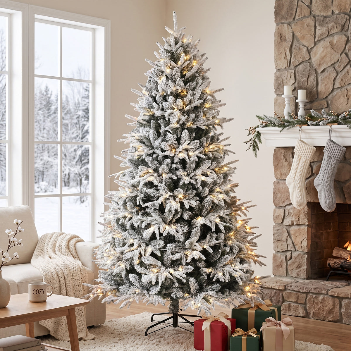 7ft Flocked Prelit Christmas Tree, Hinged Xmas Tree with 2679 Tips, 350 Warm White LED Lights, Foldable Metal Base, Full Snowy Appearance for Indoor Holiday Decor, Green White