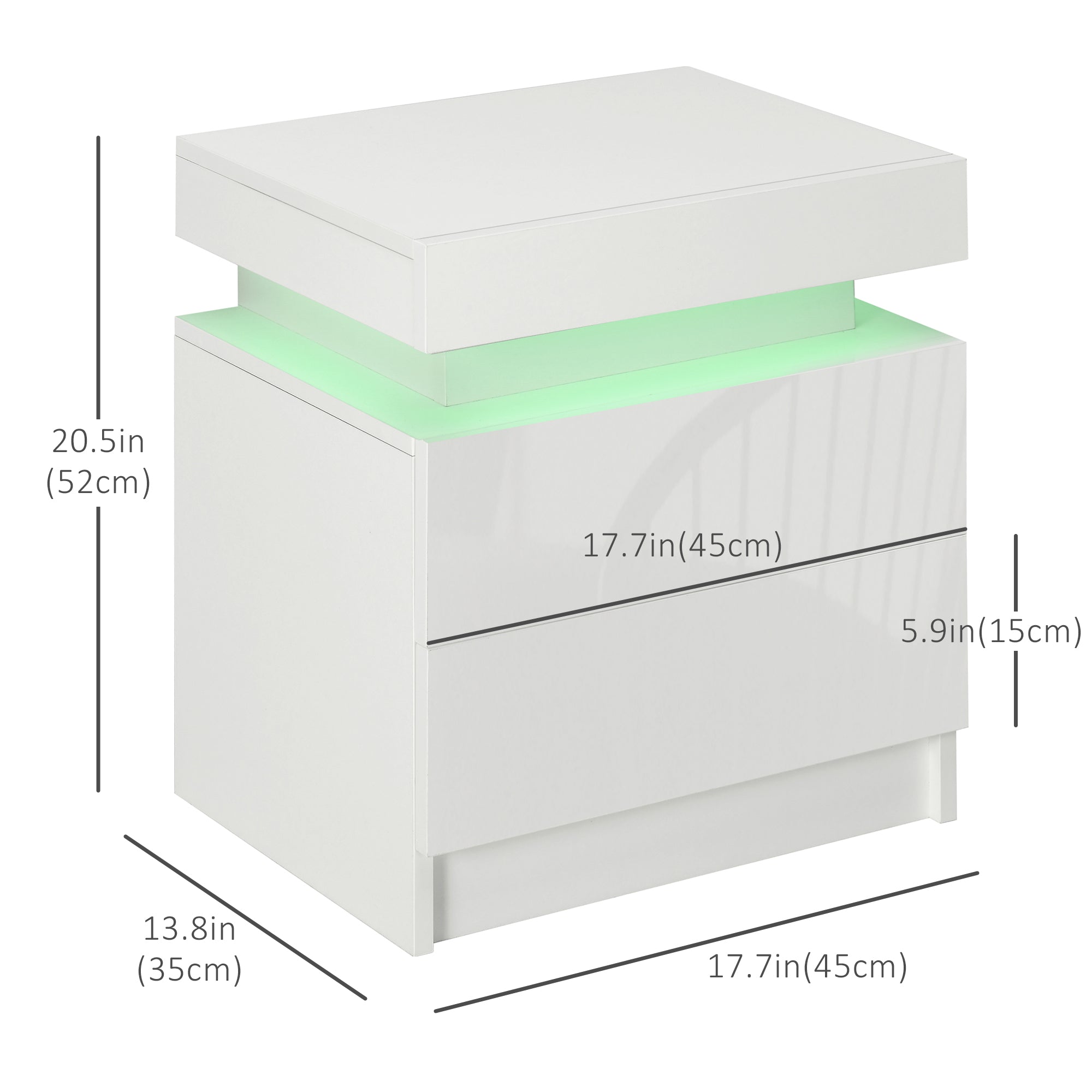 HOMCOM Nightstand, End Side Table with LED Lights, Bedside Table with 2 Drawers, for Bedroom, White