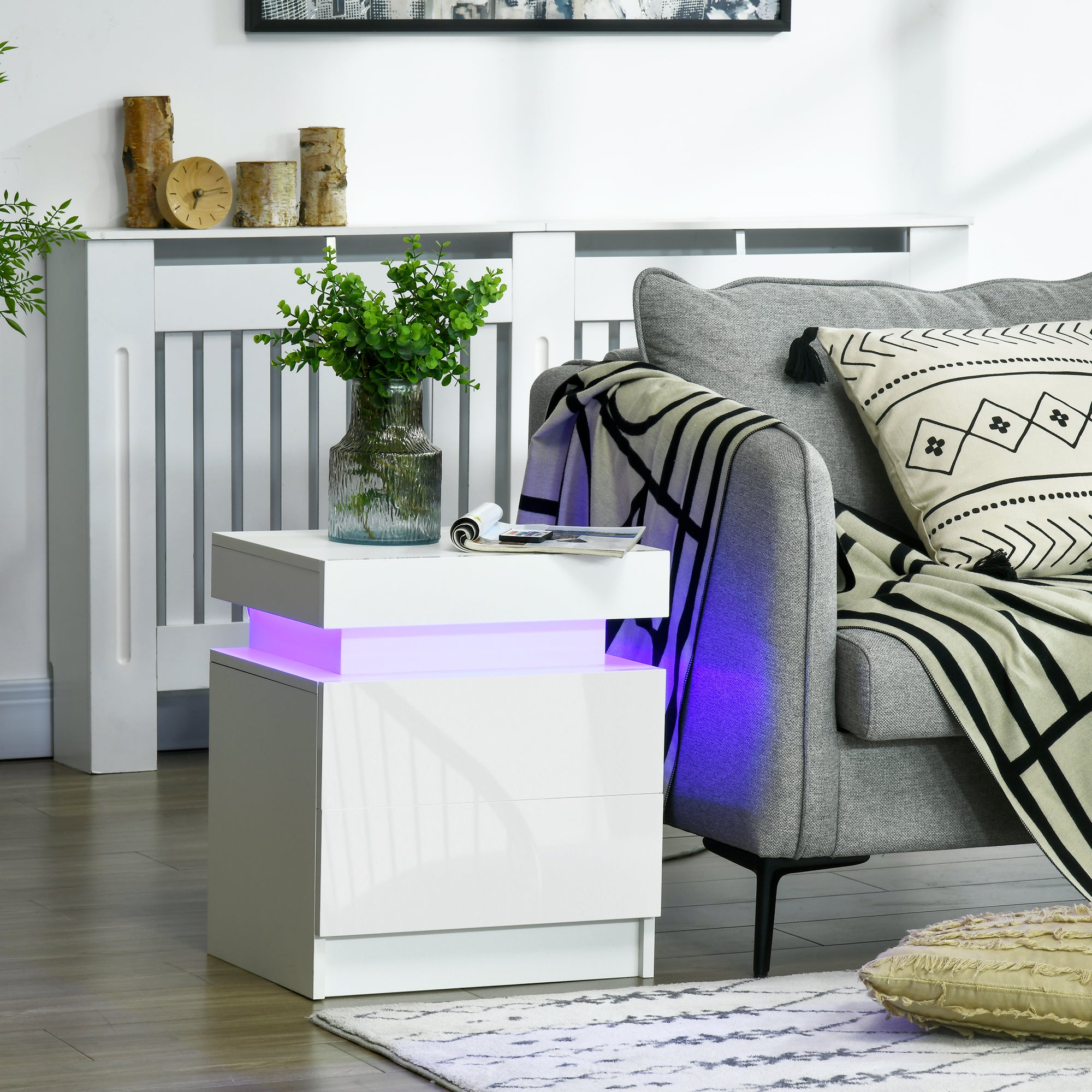 HOMCOM Nightstand, End Side Table with LED Lights, Bedside Table with 2 Drawers, for Bedroom, White