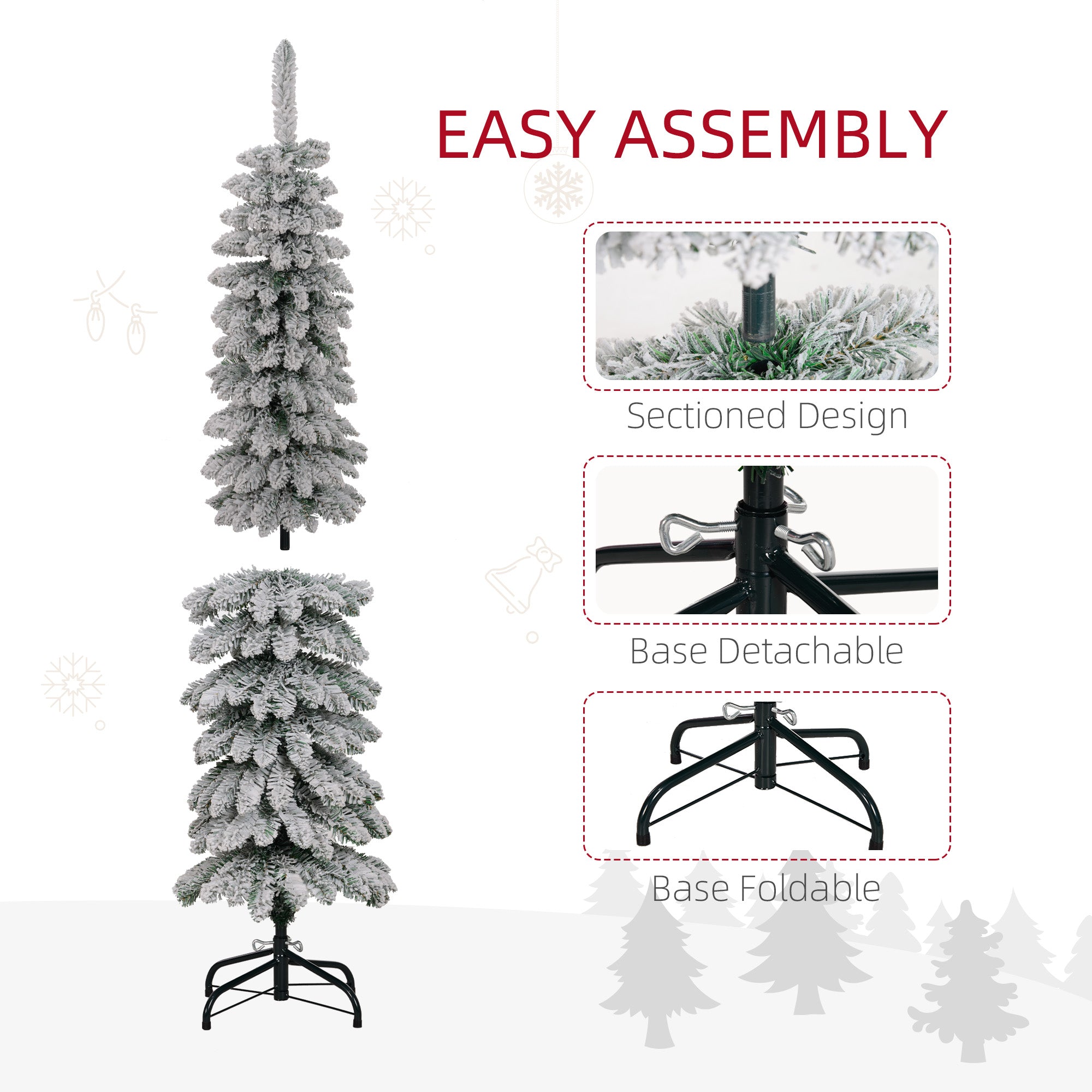 5' Tall Unlit Snow-Flocked Artificial Christmas Tree, Slim Pencil Xmas Tree with Realistic Branches and 301 Tips, Green