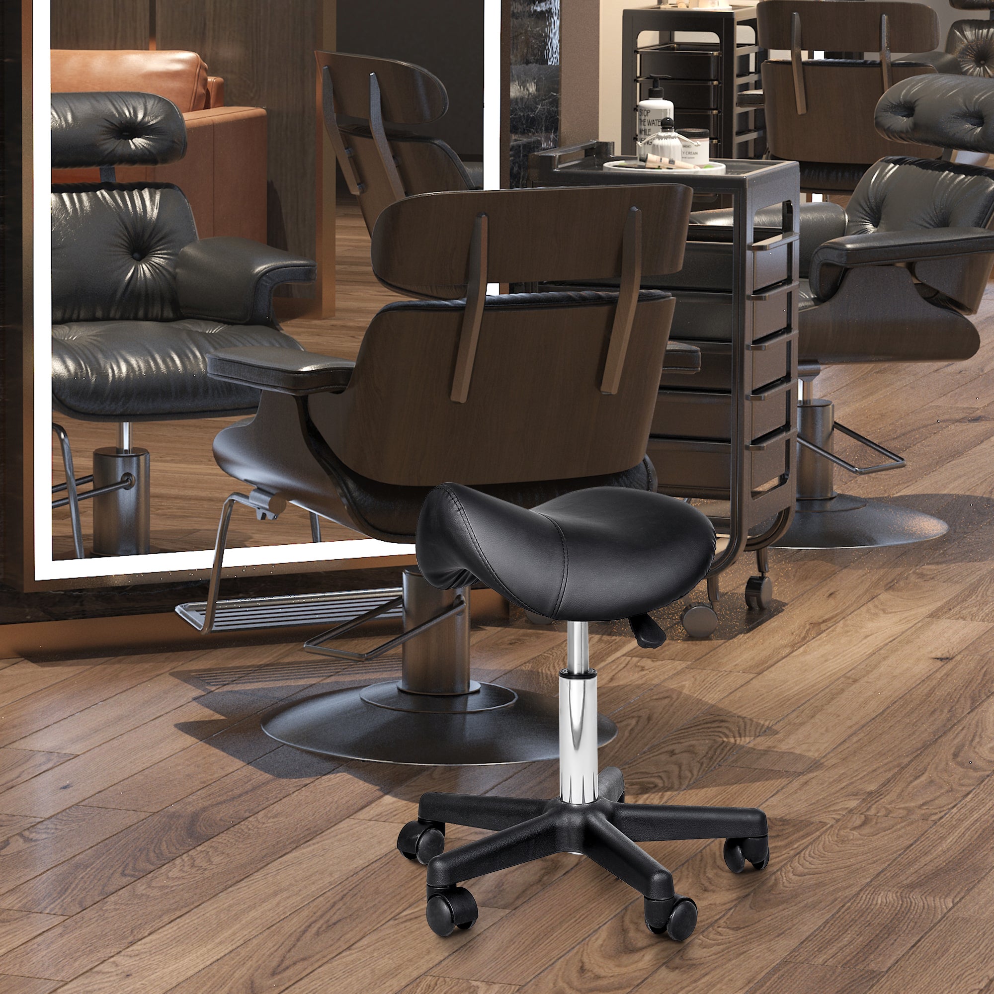 HOMCOM Saddle Stool, PU Leather Rolling Stool with Wheels, Adjustable Salon Chair for Kitchen, Salon Spa, Bar, Home Office, Massage, Black