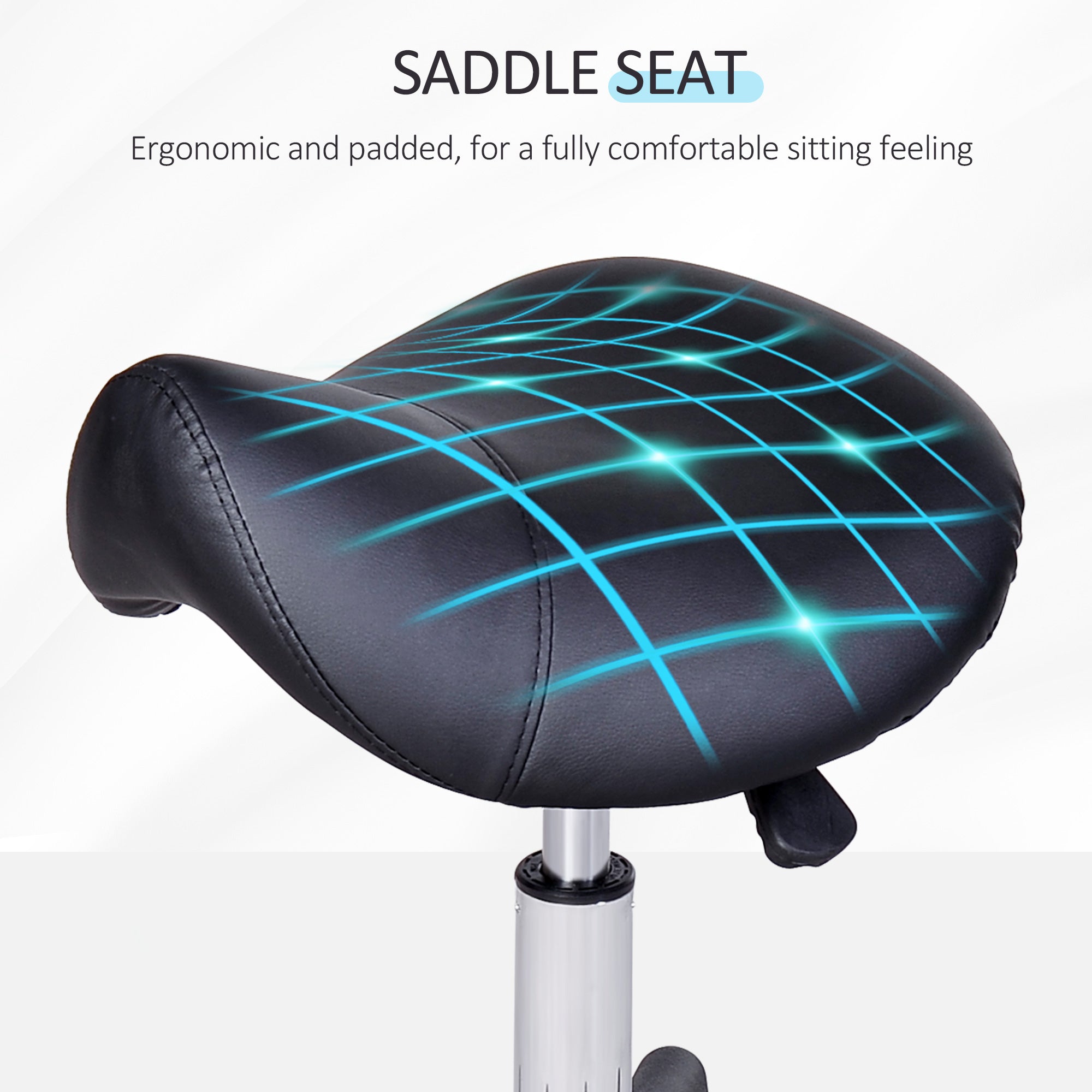 HOMCOM Saddle Stool, PU Leather Rolling Stool with Wheels, Adjustable Salon Chair for Kitchen, Salon Spa, Bar, Home Office, Massage, Black