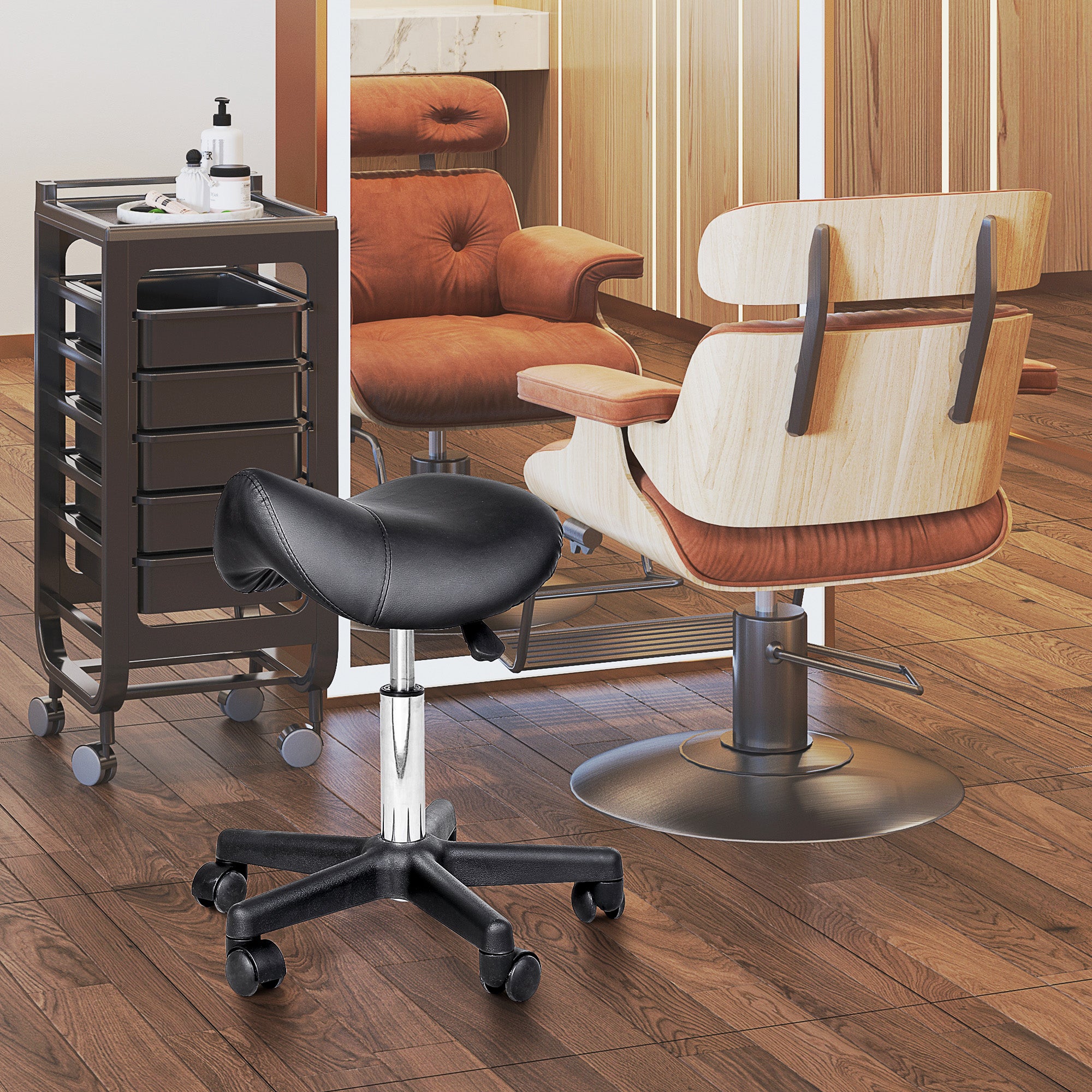 HOMCOM Saddle Stool, PU Leather Rolling Stool with Wheels, Adjustable Salon Chair for Kitchen, Salon Spa, Bar, Home Office, Massage, Black