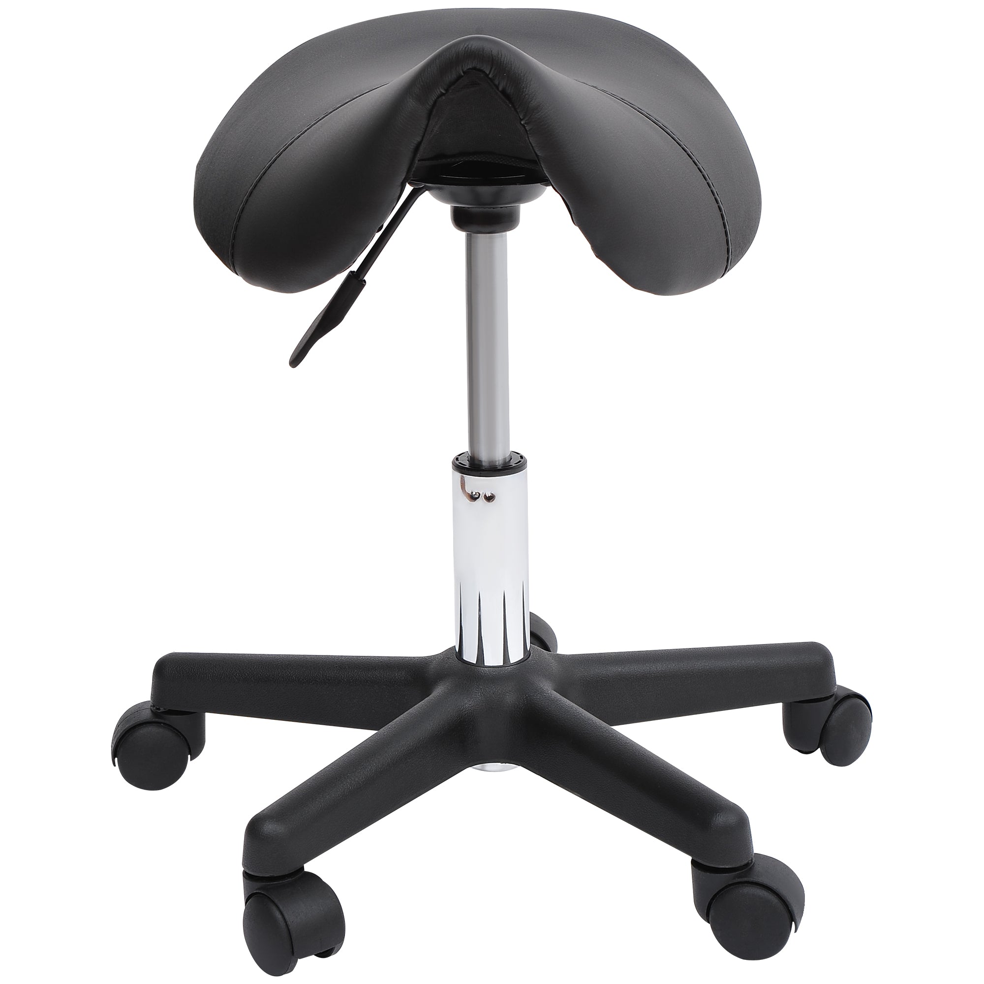 HOMCOM Saddle Stool, PU Leather Rolling Stool with Wheels, Adjustable Salon Chair for Kitchen, Salon Spa, Bar, Home Office, Massage, Black