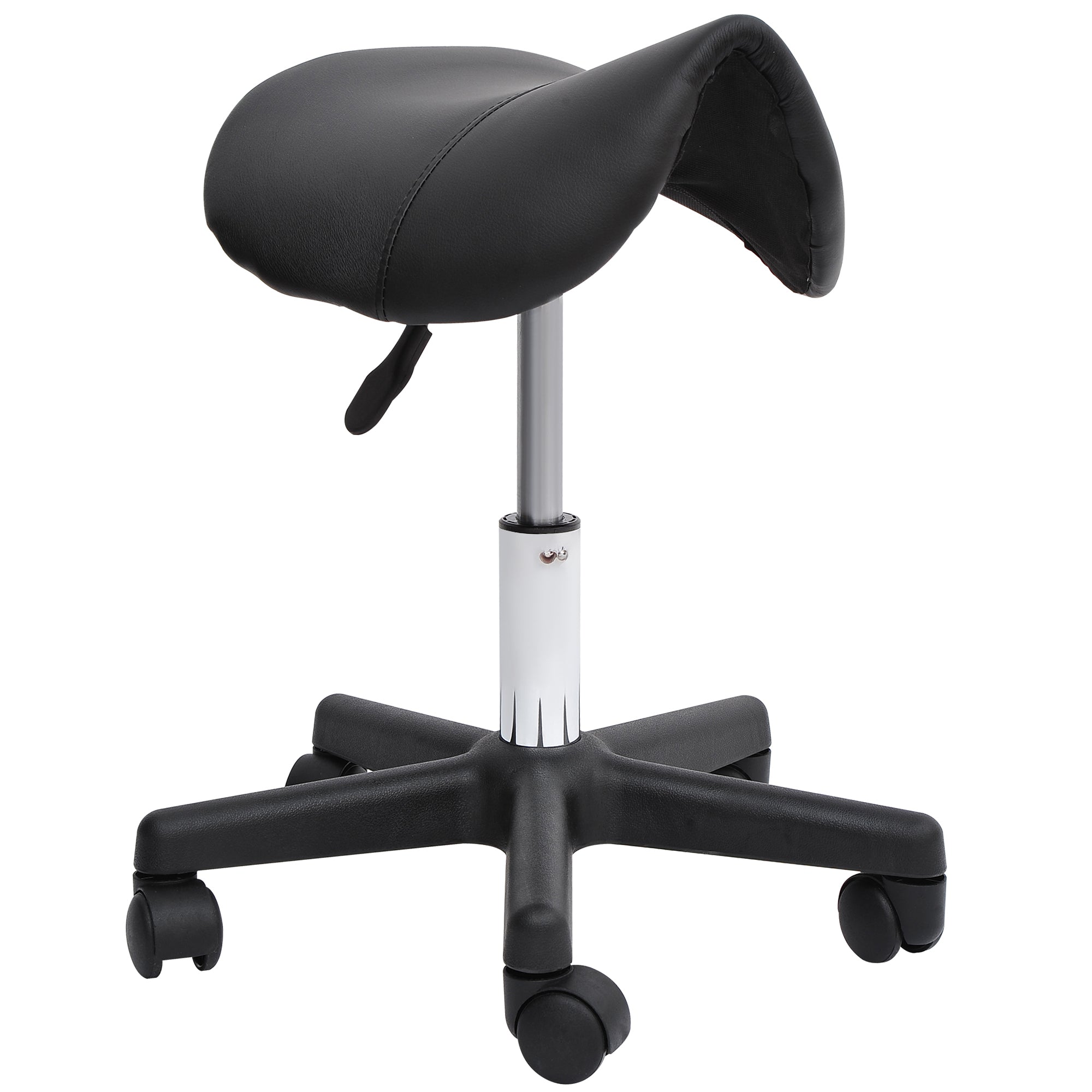 HOMCOM Saddle Stool, PU Leather Rolling Stool with Wheels, Adjustable Salon Chair for Kitchen, Salon Spa, Bar, Home Office, Massage, Black
