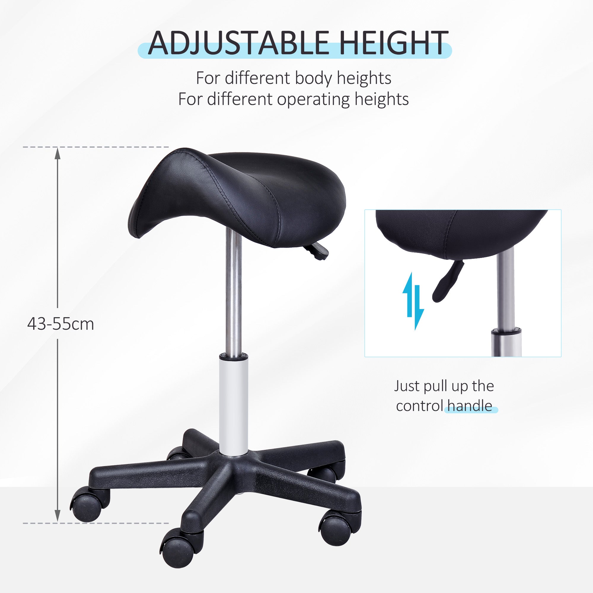 HOMCOM Saddle Stool, PU Leather Rolling Stool with Wheels, Adjustable Salon Chair for Kitchen, Salon Spa, Bar, Home Office, Massage, Black