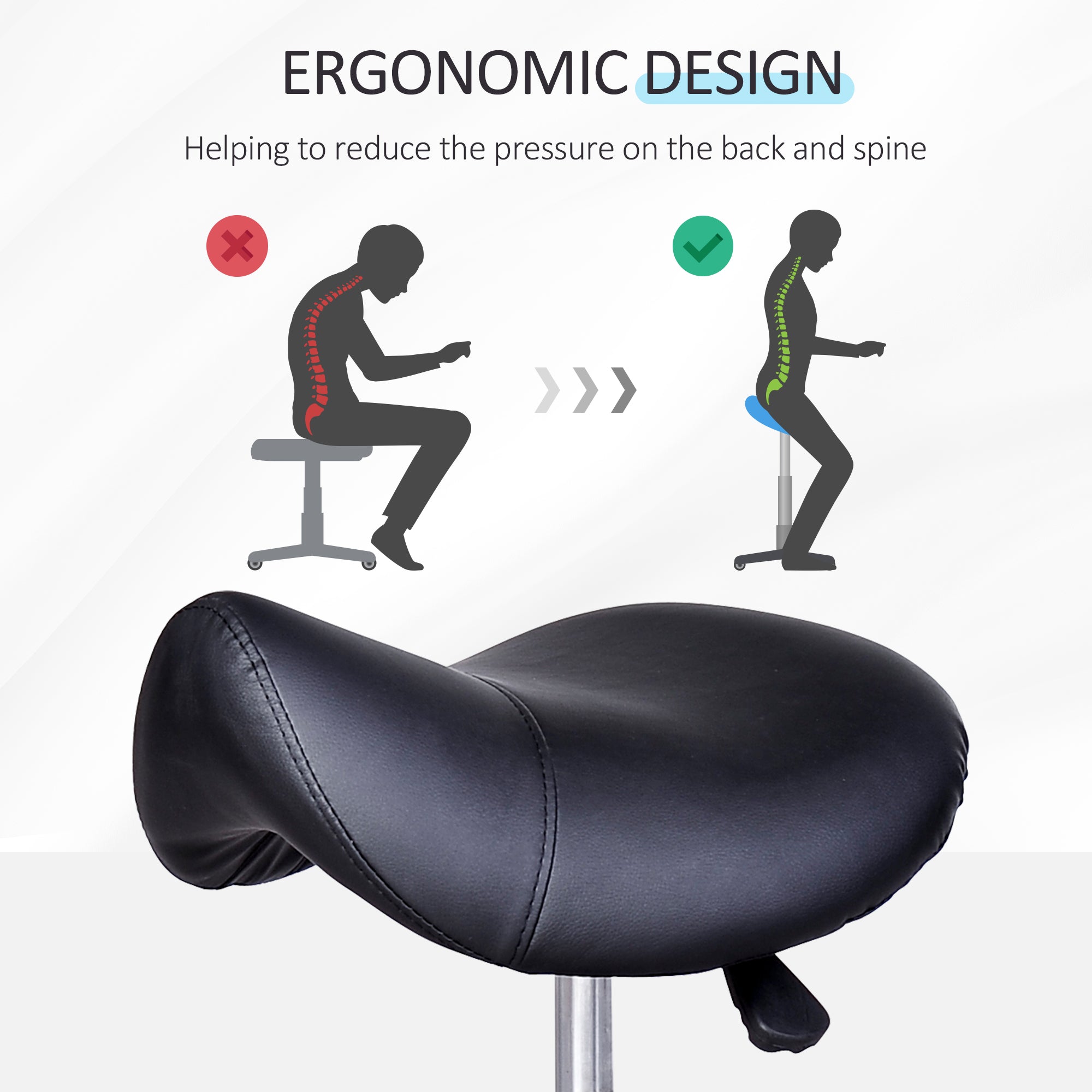 HOMCOM Saddle Stool, PU Leather Rolling Stool with Wheels, Adjustable Salon Chair for Kitchen, Salon Spa, Bar, Home Office, Massage, Black