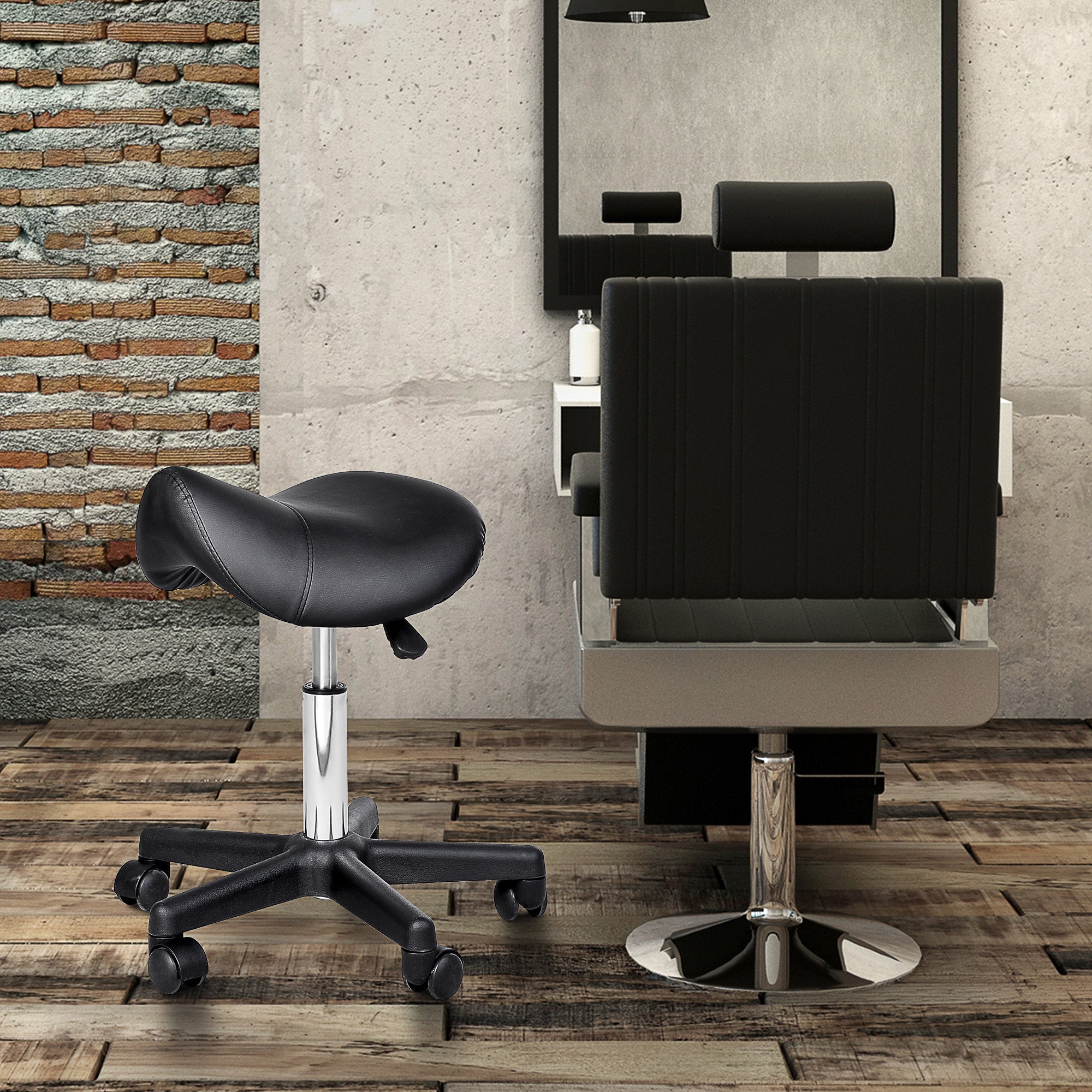 HOMCOM Saddle Stool, PU Leather Rolling Stool with Wheels, Adjustable Salon Chair for Kitchen, Salon Spa, Bar, Home Office, Massage, Black