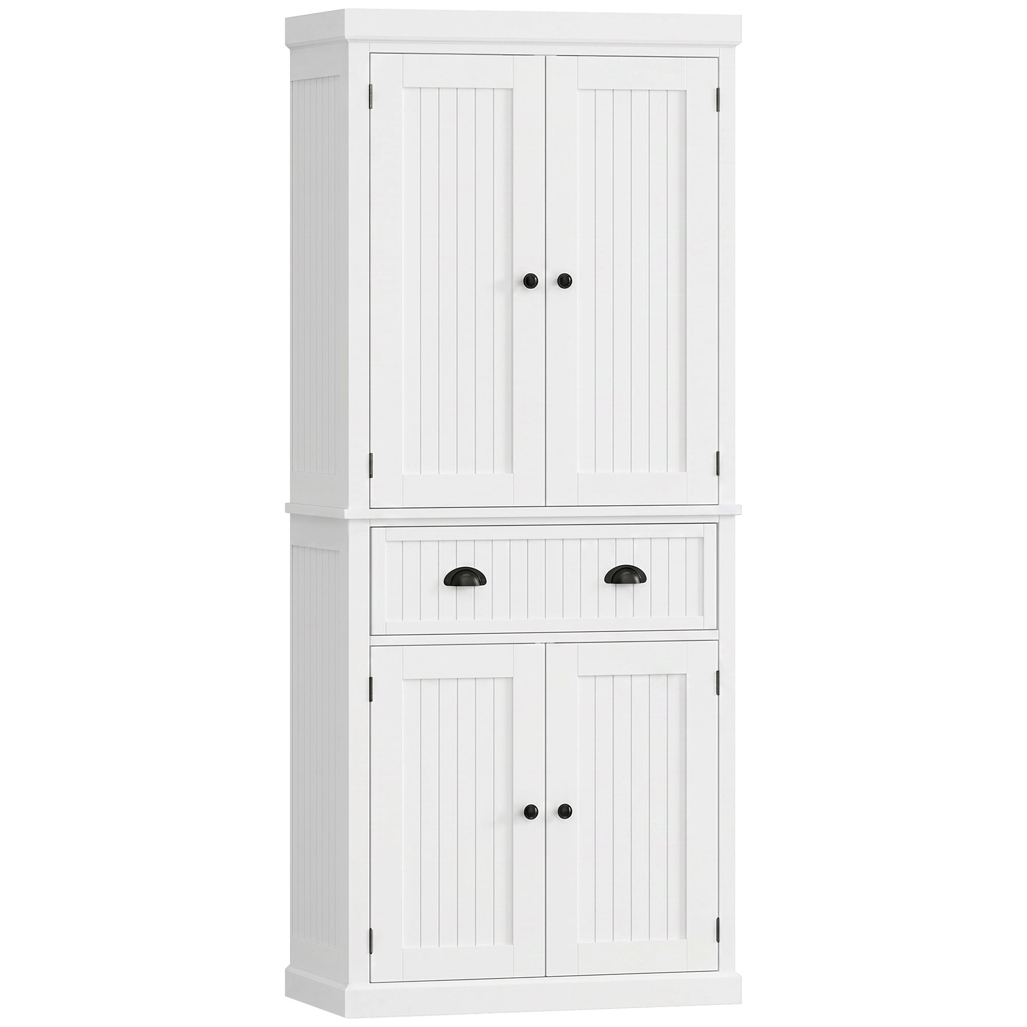72" Tall Kitchen Pantry Cabinet, Modern Farmhouse Buffet Storage Cabinet with 4 Beadboard Doors, Drawer and Adjustable Shelves, White