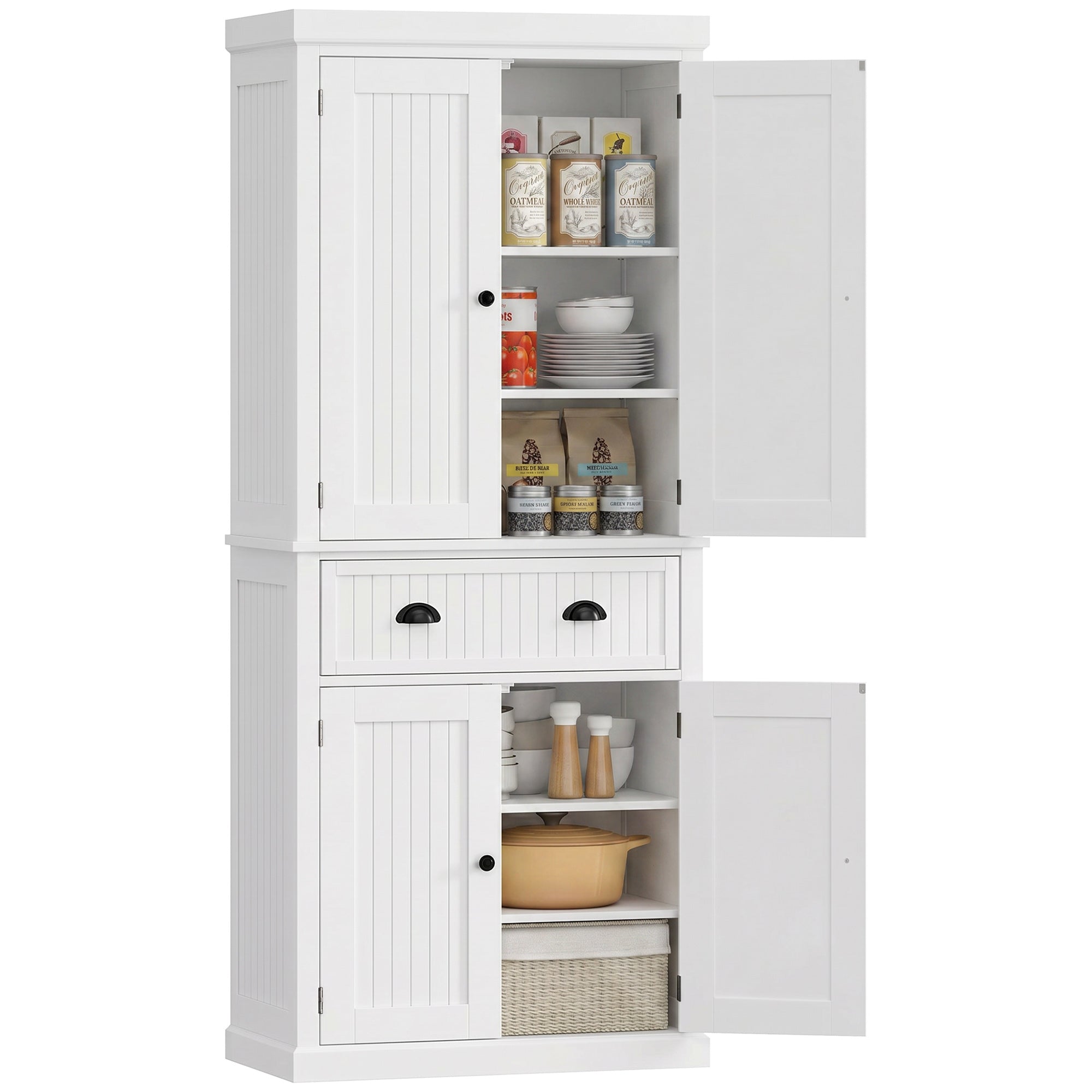 72" Tall Kitchen Pantry Cabinet, Modern Farmhouse Buffet Storage Cabinet with 4 Beadboard Doors, Drawer and Adjustable Shelves, White