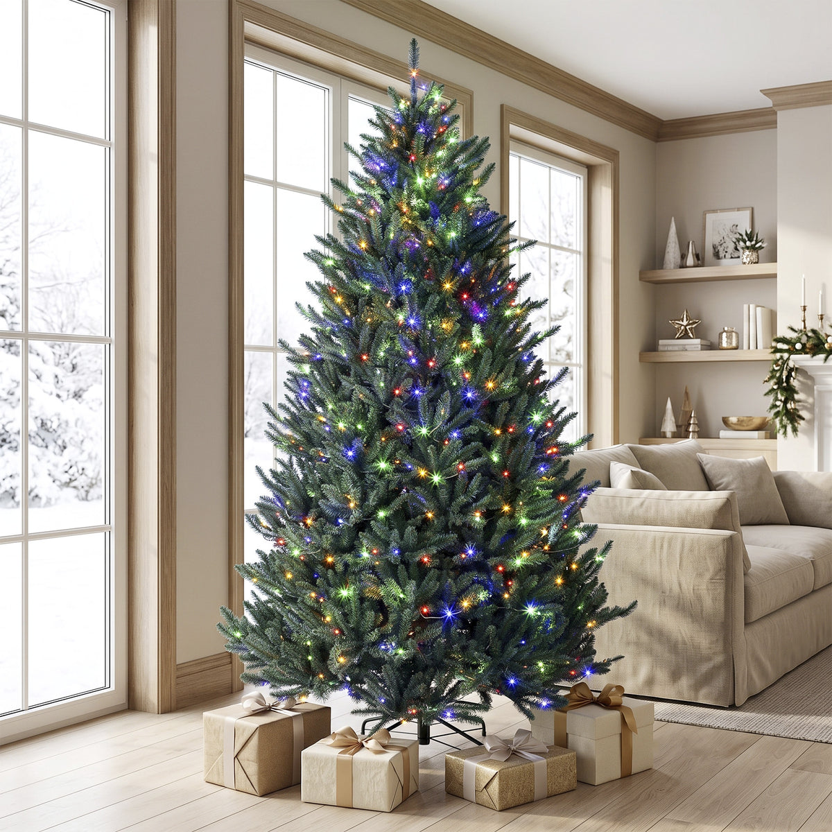 7.5ft Prelit Christmas Tree, Wide Colorado Blue Spruce, Easy Plug, Artificial Hinged Xmas Tree with 690 Warm White & Multi-Colour LED Lights, 2626 Tips for Holiday, Green