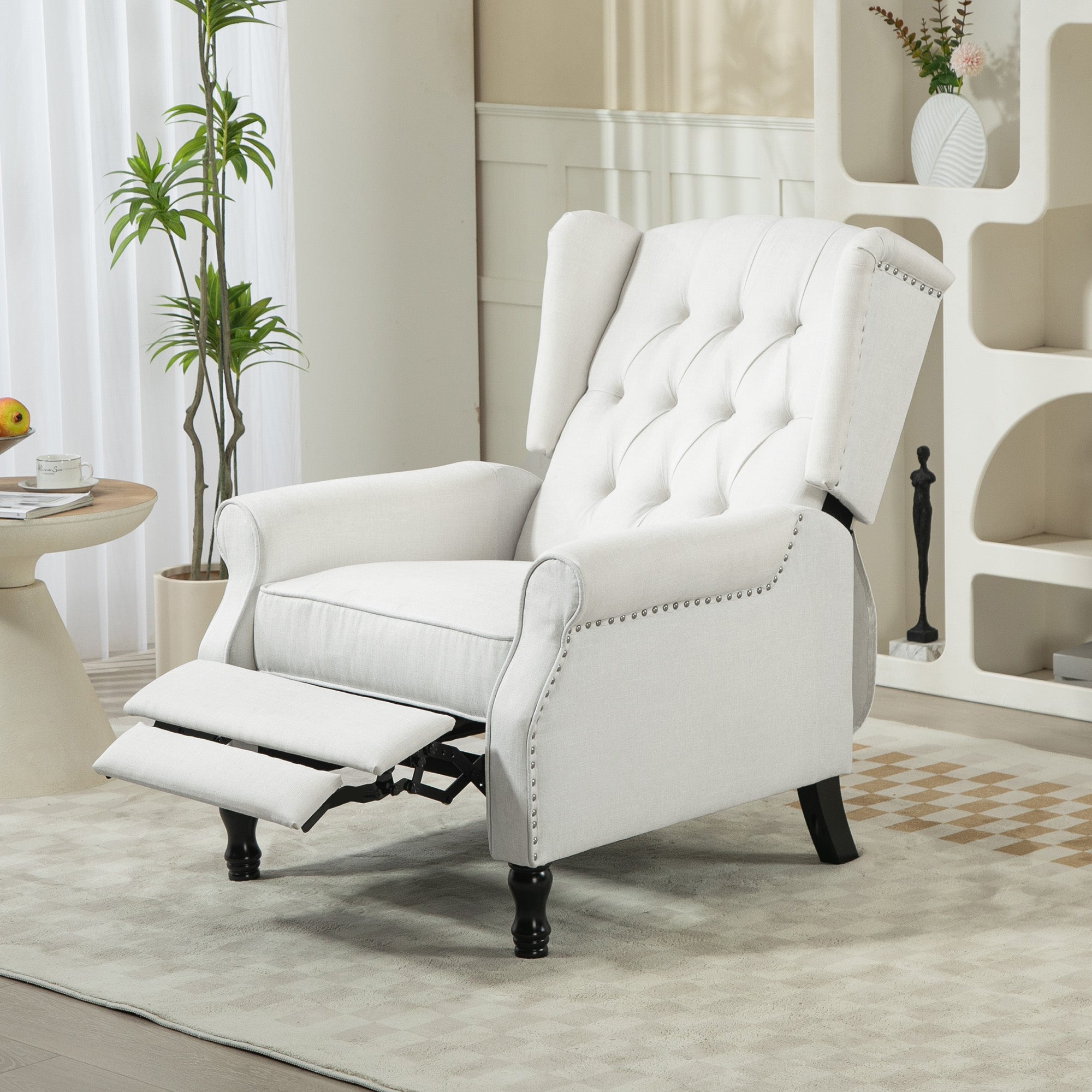 HOMCOM Recliner Armchair, Vintage Reclining Chair with Nail Head Trim, Wingback Chair with Button Tufted Back and Footrest, for Living Room, Cream White