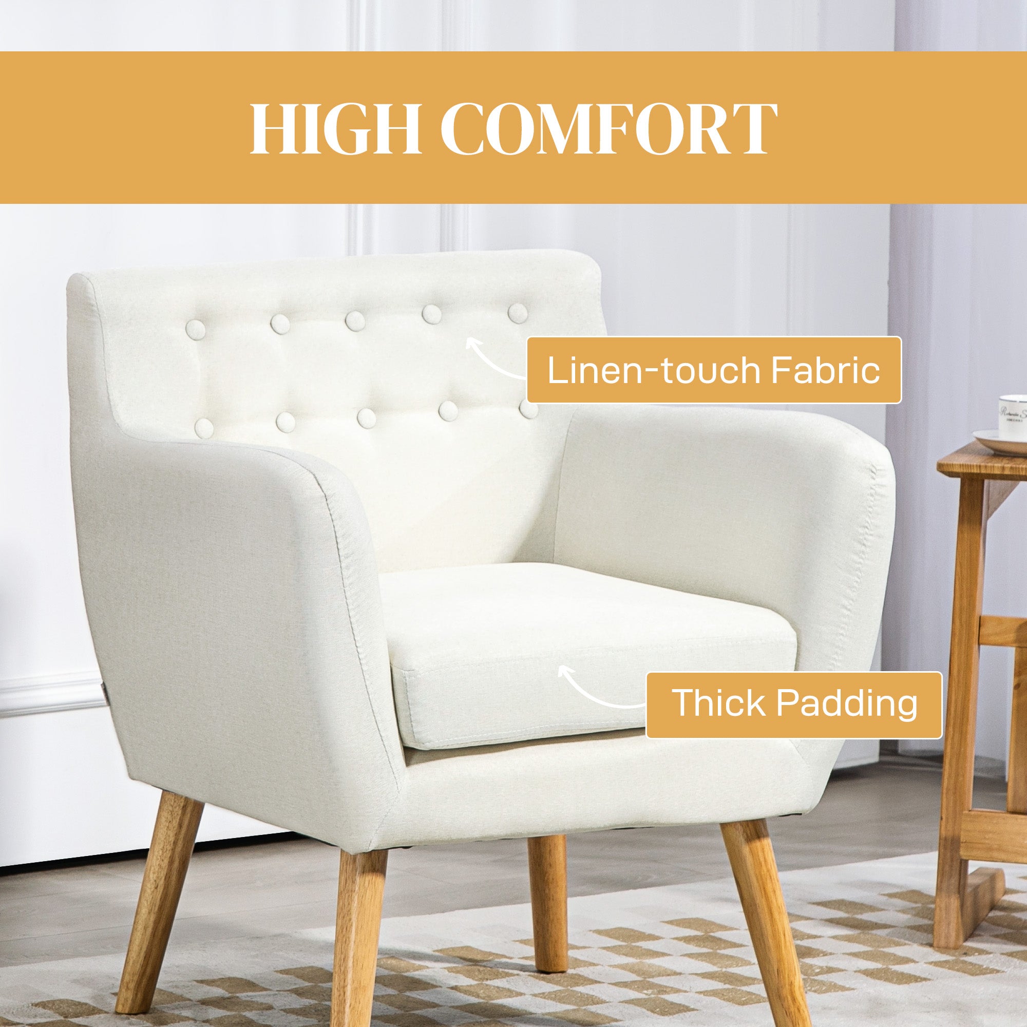 HOMCOM Mid-Century Modern Accent Chair, Linen Upholstery Armchair, Tufted Club Chair with Wood Frame and Thick Padding, Cream White