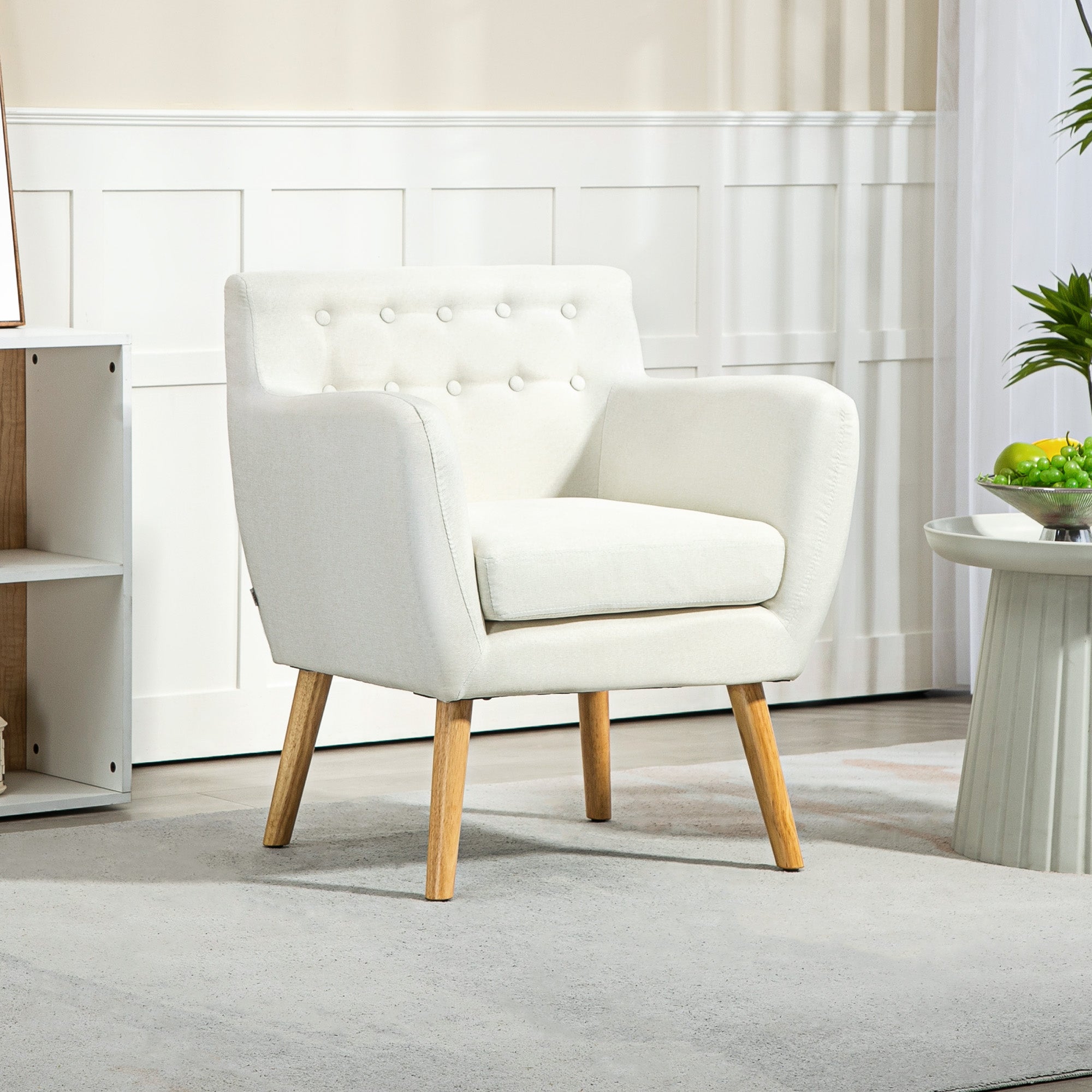 HOMCOM Mid-Century Modern Accent Chair, Linen Upholstery Armchair, Tufted Club Chair with Wood Frame and Thick Padding, Cream White