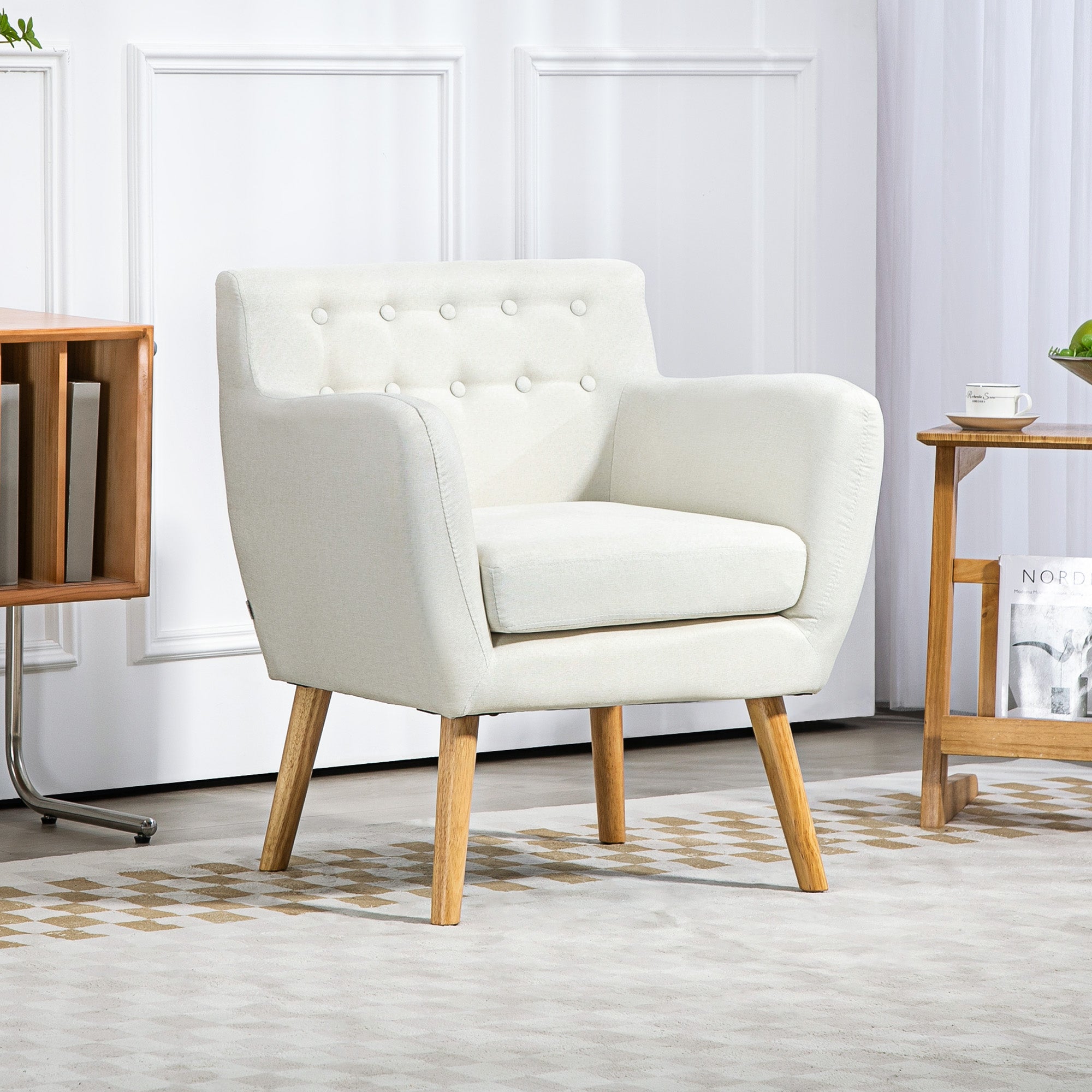 HOMCOM Mid-Century Modern Accent Chair, Linen Upholstery Armchair, Tufted Club Chair with Wood Frame and Thick Padding, Cream White