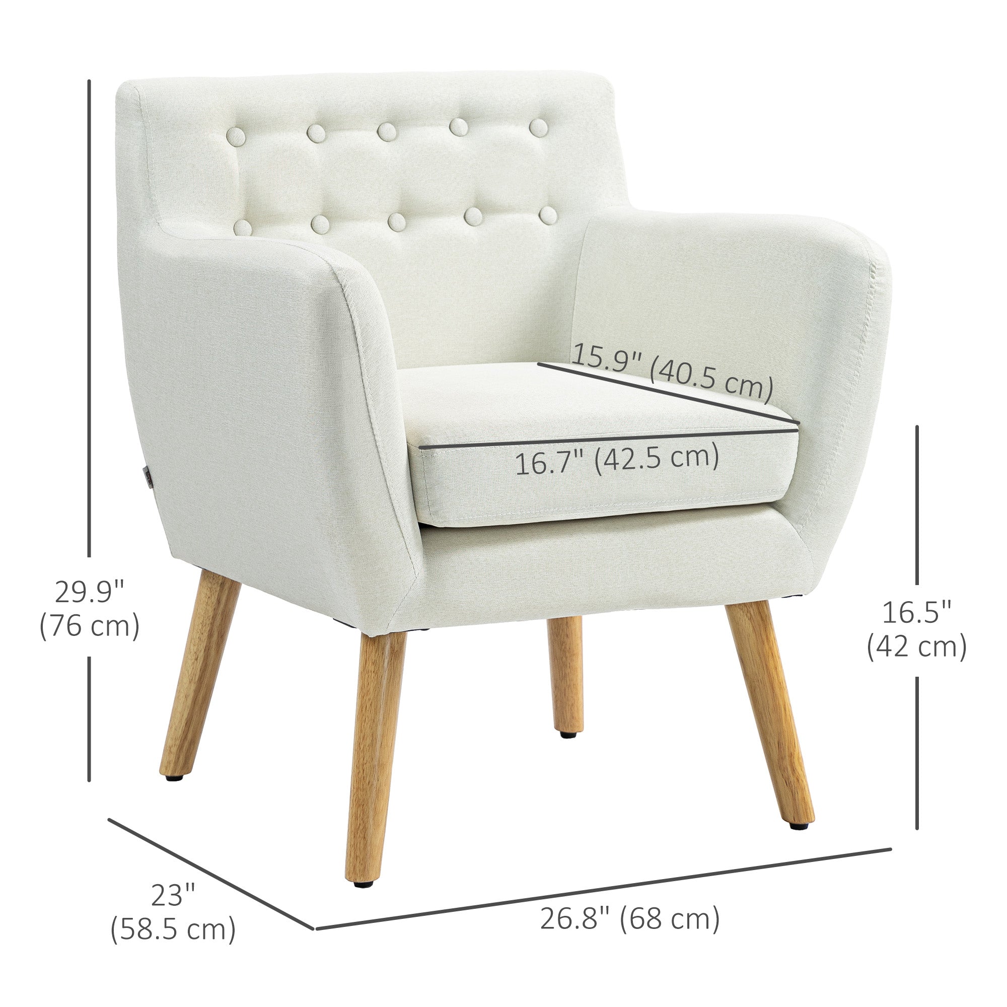 HOMCOM Mid-Century Modern Accent Chair, Linen Upholstery Armchair, Tufted Club Chair with Wood Frame and Thick Padding, Cream White