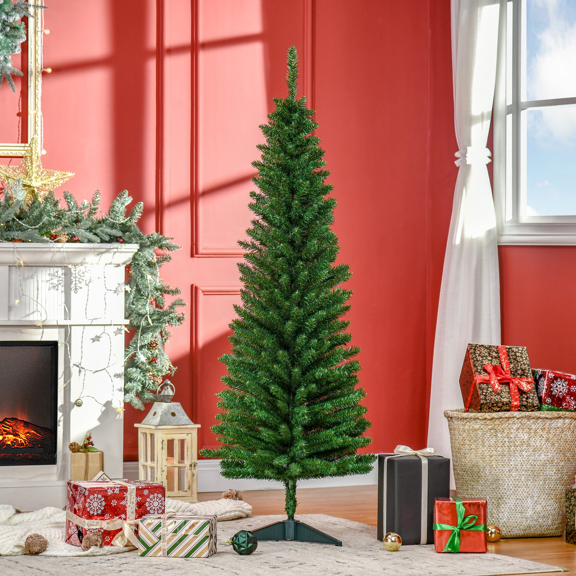 5' Artificial Pencil Christmas Tree Slim Xmas Tree with 294 Realistic Branch Tips and Stand Green