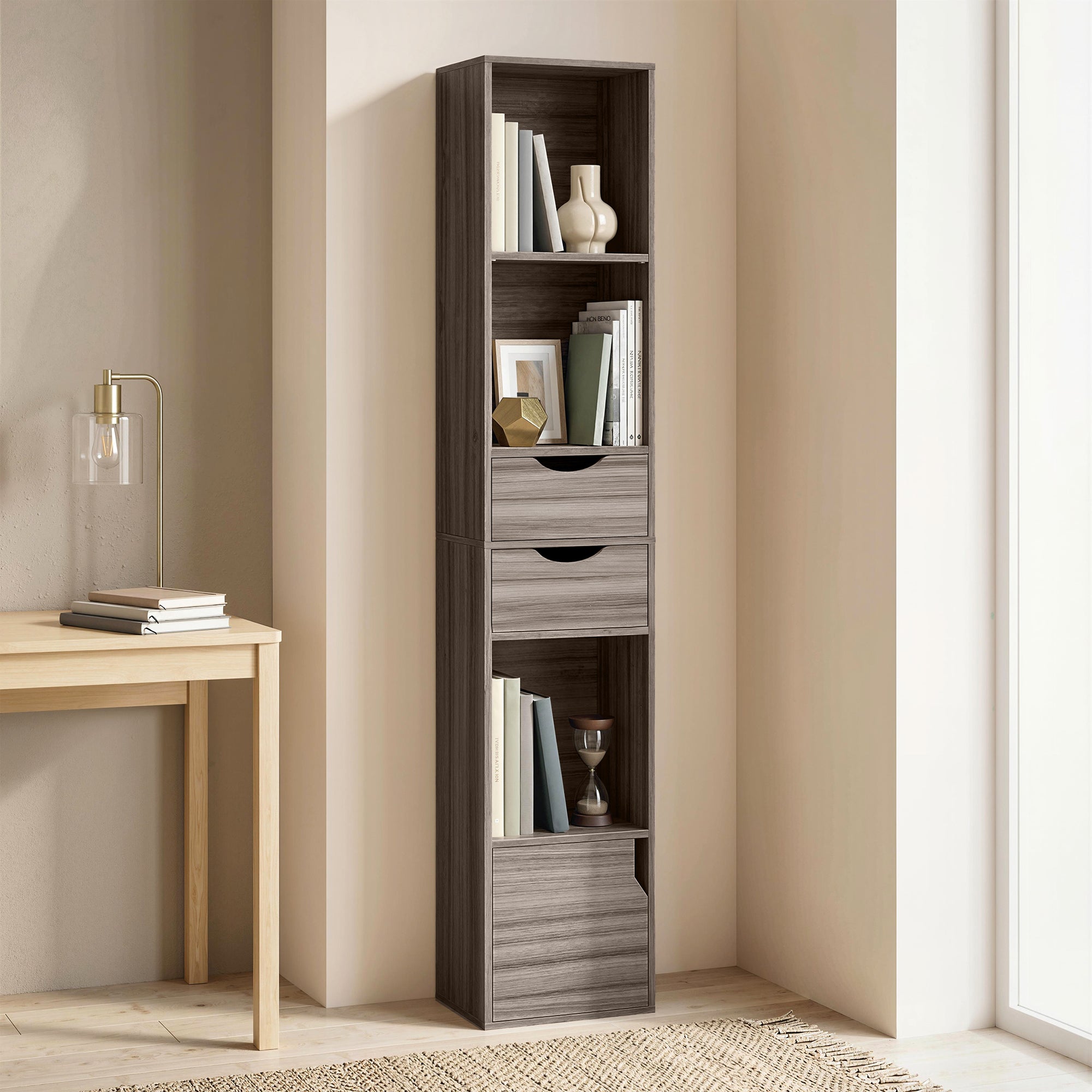 158 cm Bookcase with Drawers, 3-Tier Bookshelf, Slim Storage Cabinet with Doors, Adjustable Shelf for Living Room, Bedroom, Home Office, Grey