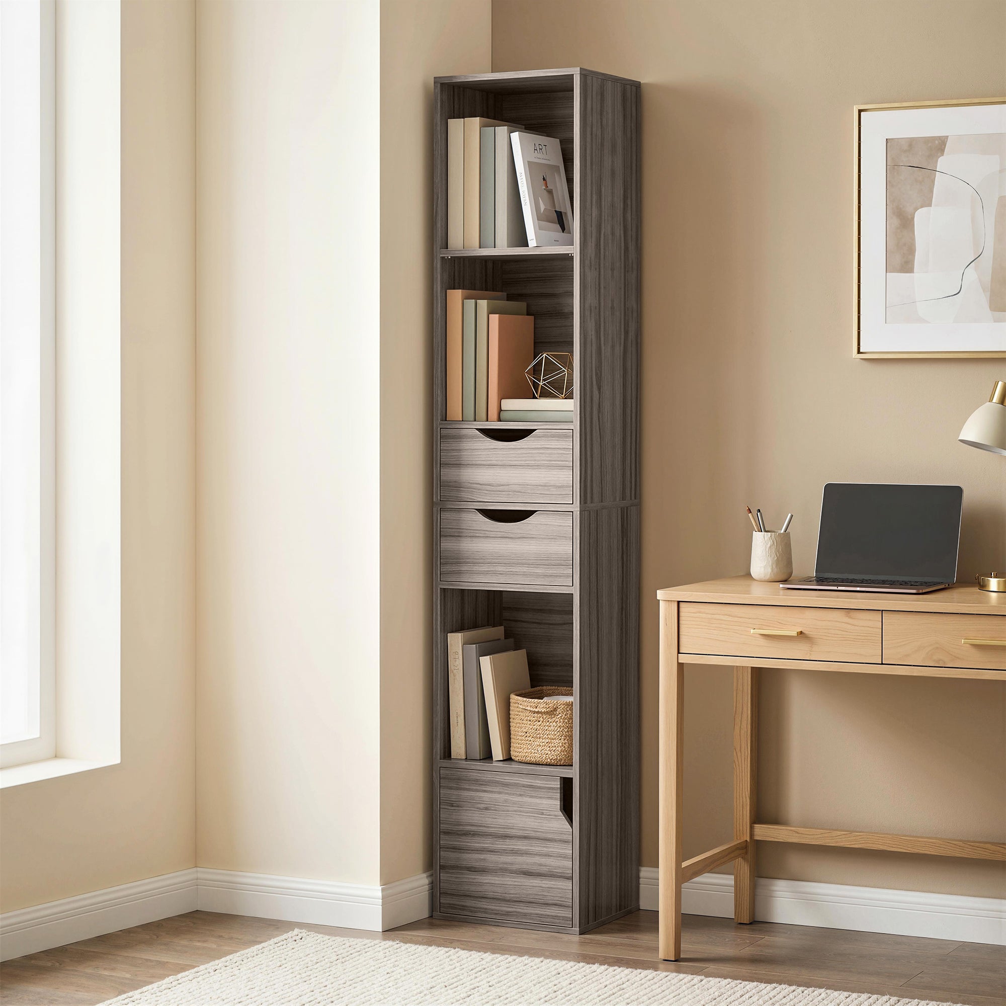 158 cm Bookcase with Drawers, 3-Tier Bookshelf, Slim Storage Cabinet with Doors, Adjustable Shelf for Living Room, Bedroom, Home Office, Grey