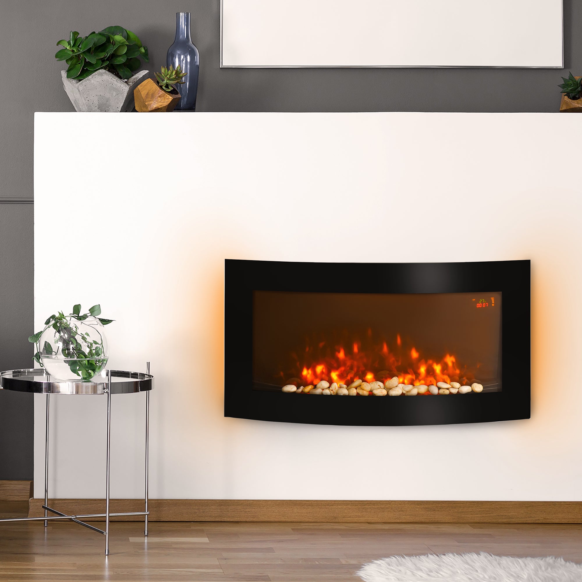 Led Wall Mounted Fireplace Curved Glass Electric Fire Place Fire Place 7 Colour Side Lights Slimline, 1000/2000W, 89.2cm x 48cm